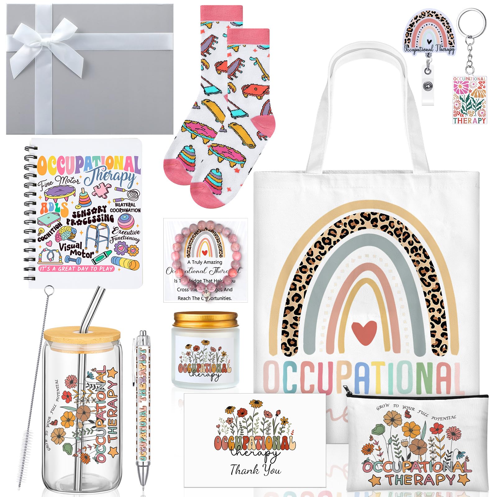 Remerry 12 Pcs Occupational Therapy Gifts for Women OT Month Appreciation Gifts Set Includes Tote Bag Pen Glass Cup Candle Notebook Bracelet Badge Holder for Graduation Teacher Student