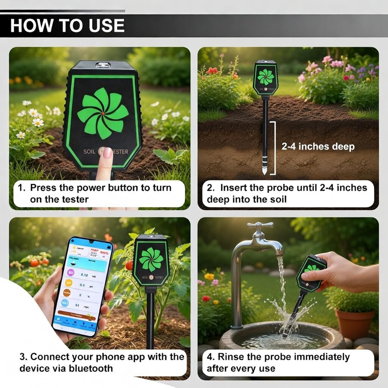 8-in-1 Soil Moisture Tester with Bluetooth APP Connection, Digital Soil pH Tester Measure Moisture, pH, Light, Salinity, Fertility, EC, Temperature, Humidity, Indoor and Outdoor Plants Soil Tester