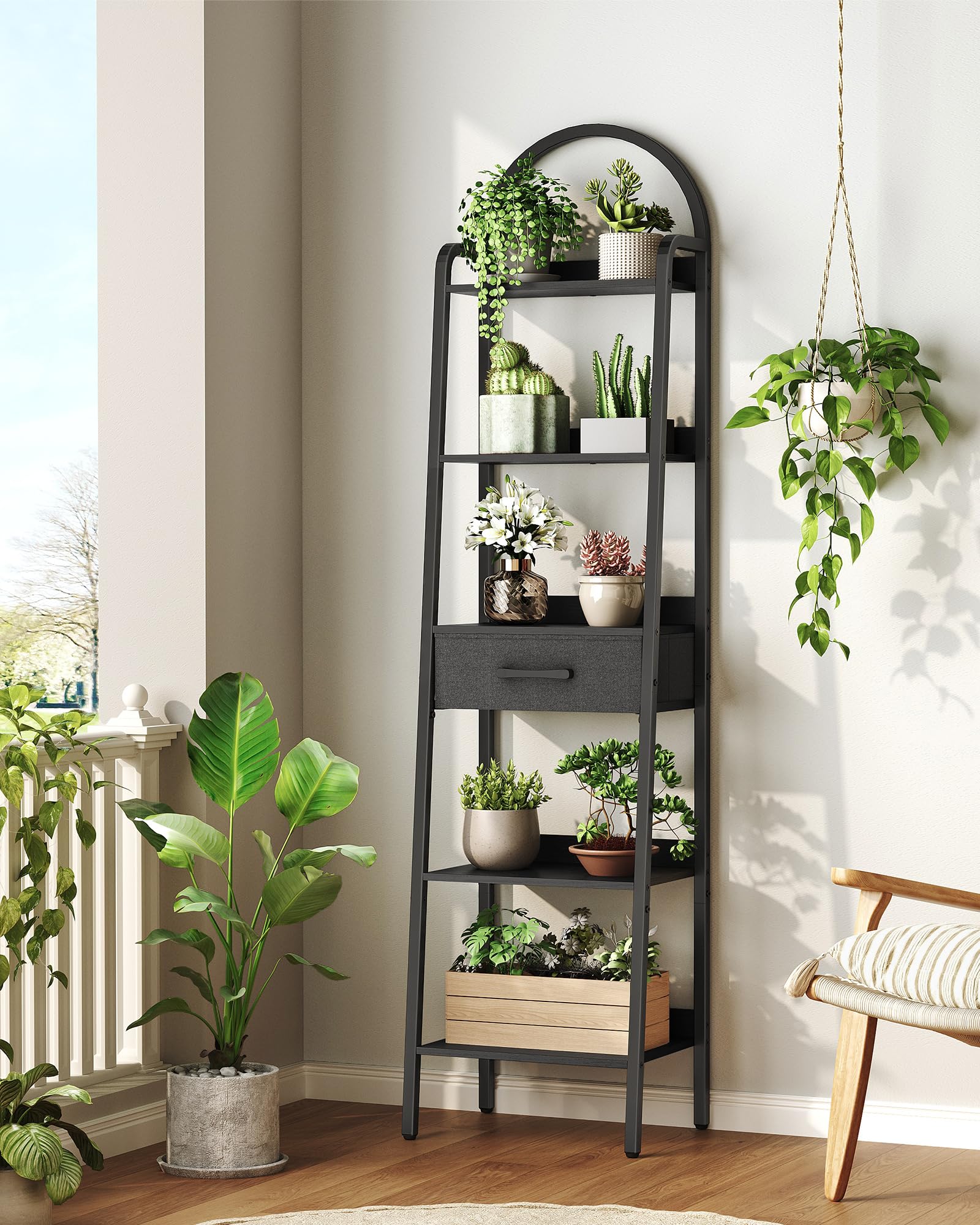 5 Tier Ladder Shelf with Drawer, Tall Ladder Bookshelf, Standing Bookcase with Metal Frame for Living Room, Bathroom, Home Office, Study, Balcony, Black TCJ07BB