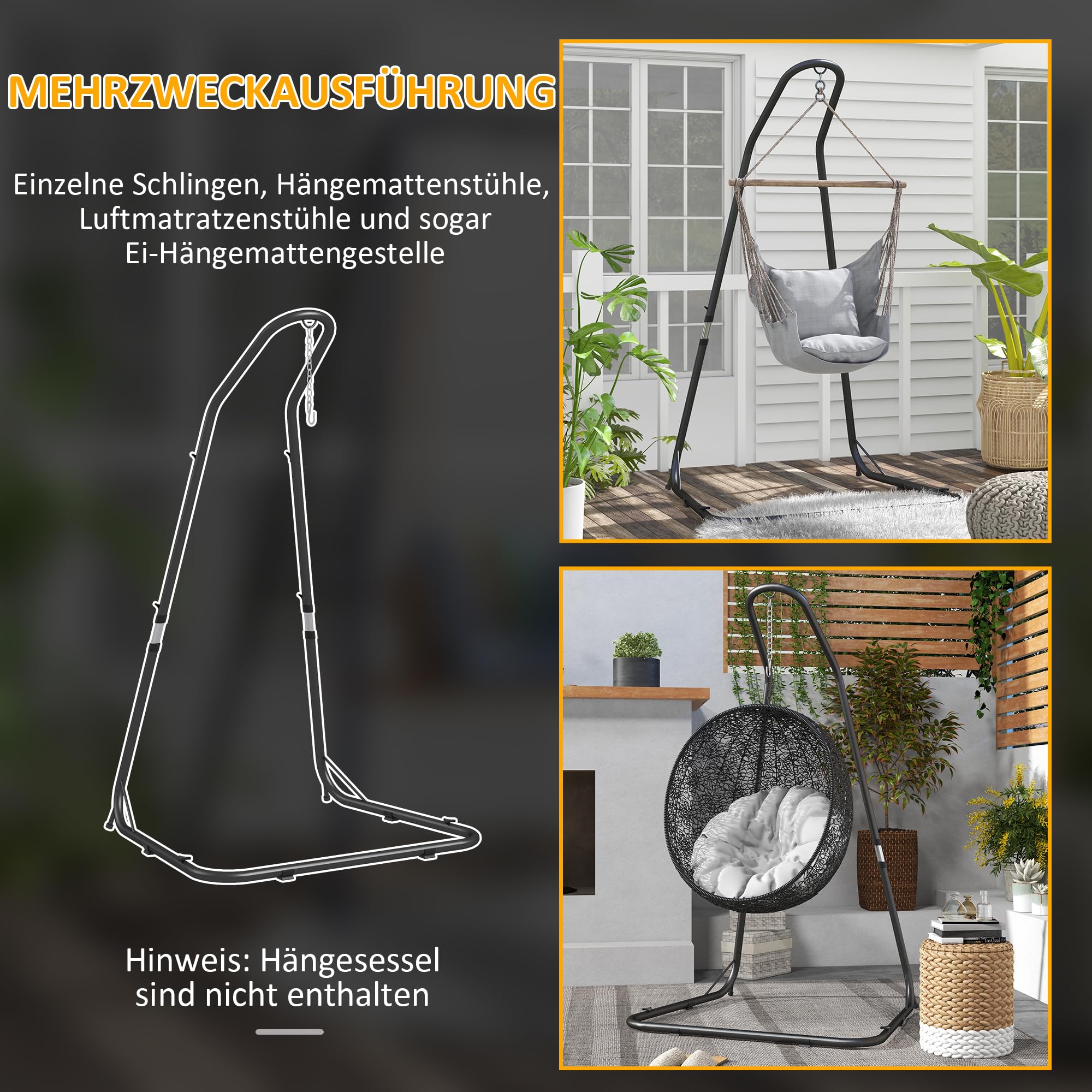 Outsunny Hängestuhlgestell Hängesesselgestell Höhenverstellbarer Ständer für Hängestuhl bis 150 kg Belastbar für Garten, Balkon, Metall, Schwarz, 133 x 116 x 195/230 cm