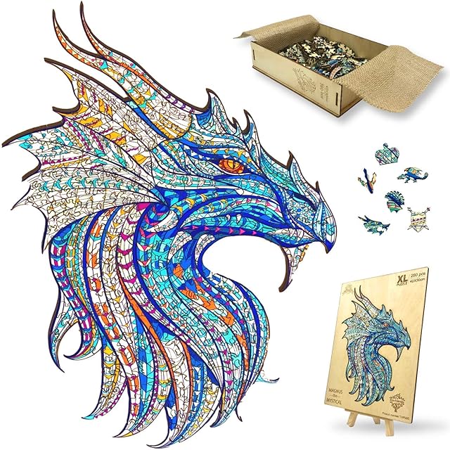 Wooden Jigsaw Puzzle XL 280 Piece (42x30cm)  Dragon Wood Puzzles for Adults Presented in Wooden Gift Box by The Puzzled Tree