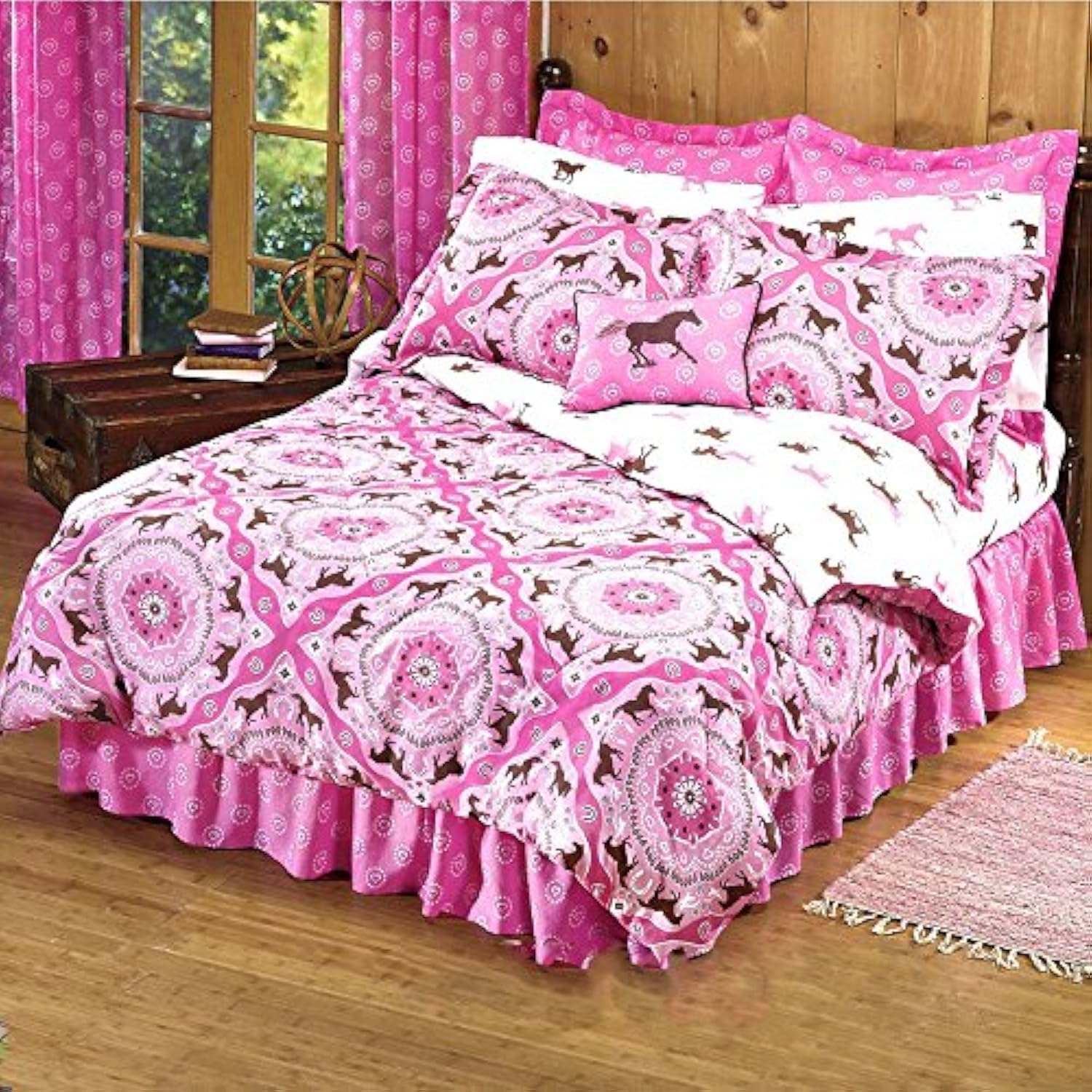Country Livivng Girls 8 Piece Queen Size(86"x86") Pink Brown Pony Horse Bandana Equestrian Bedding Comforter Set & Sheets (Bed in a Bag) (1, Queen Size)