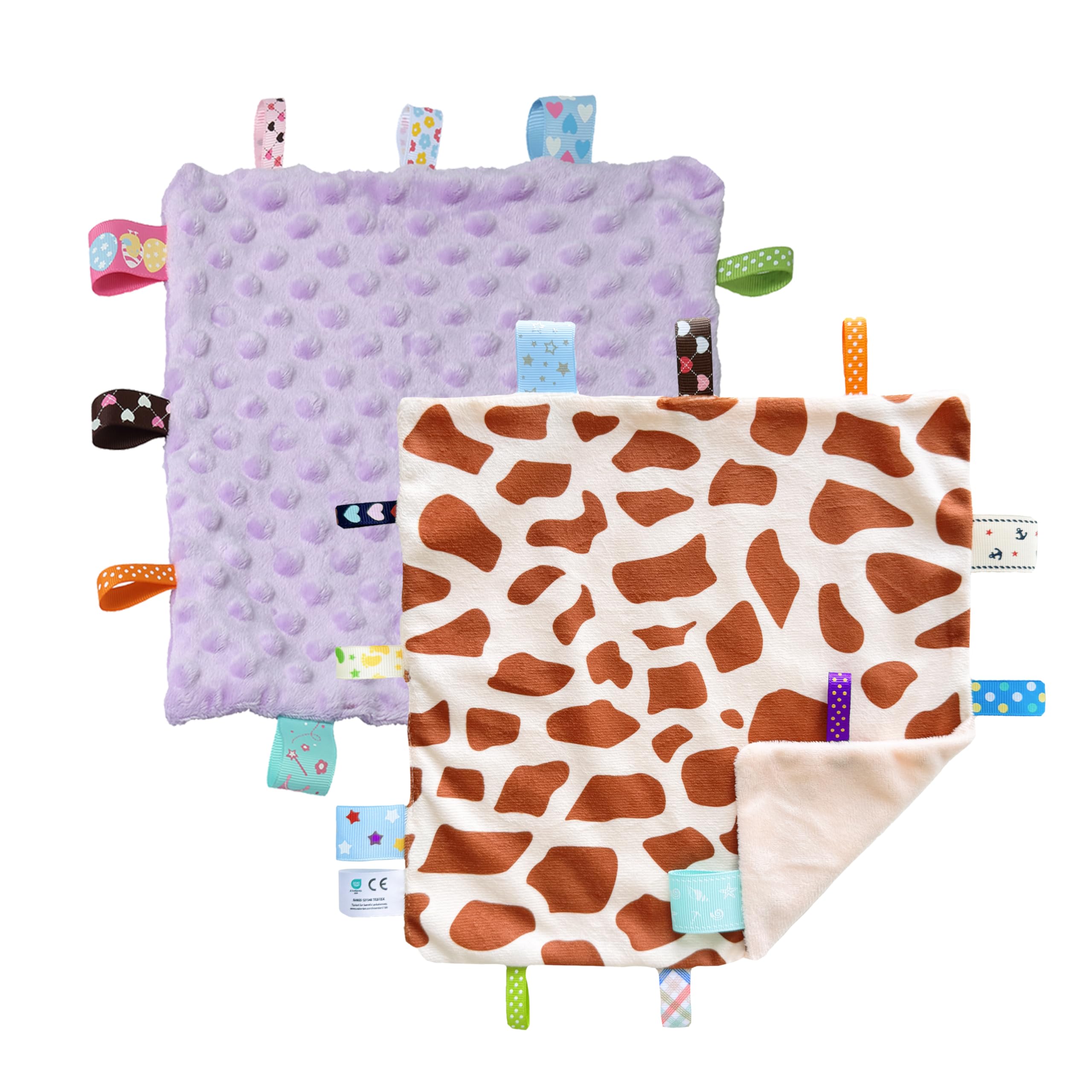 CREVENT Tag Security Blankets for Babies, Soft Small Loveys for Boys, Baby Comforter Sensory Blanket, Great Gifts for Birthday Baby Shower (10"X10" GiraffeDot+Purple)