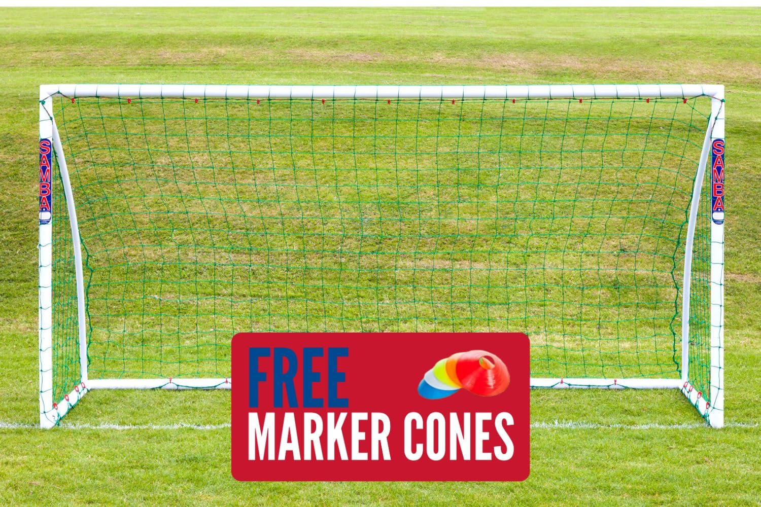 Samba 12x6ft Football Goal - All Weather uPVC Football Training Goal Posts - Portable Net Versatile Sizes & 5 Marker Cones