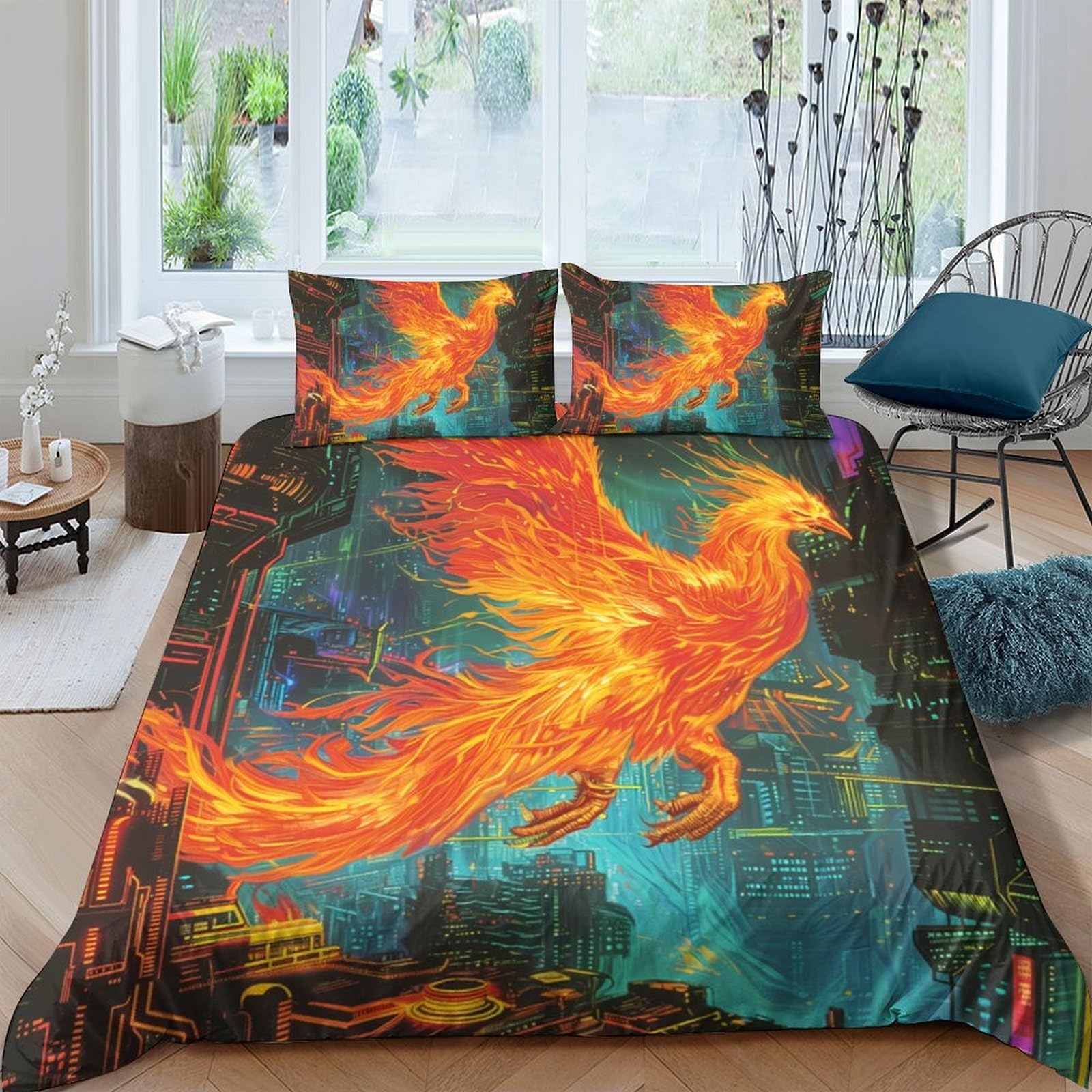 Ctjqhvkz Style-7 3D Printed Fiery Phoenix Fitted Sheet Microfiber Soft Breathable Blue Flame Bed Cover For Bedroom Dorm Mattress Decor Single（135X200cm）