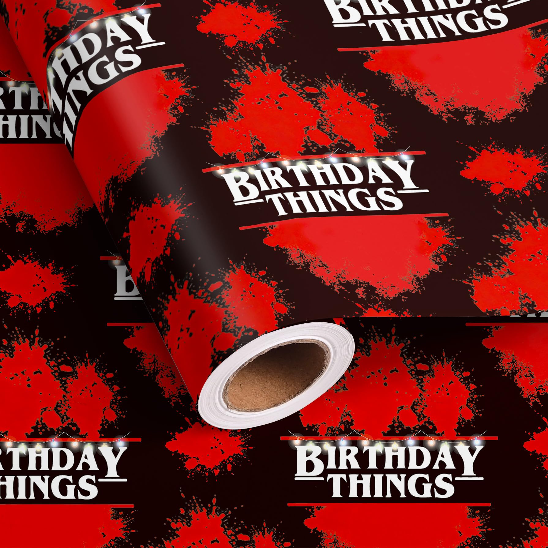 ASUIU Rouleau de papier cadeau d'anniversaire pour enfants, garçons et filles – Thème horreur noir et rouge, motif lumière néon pour fête d'anniversaire, Halloween, total 28,5 m²