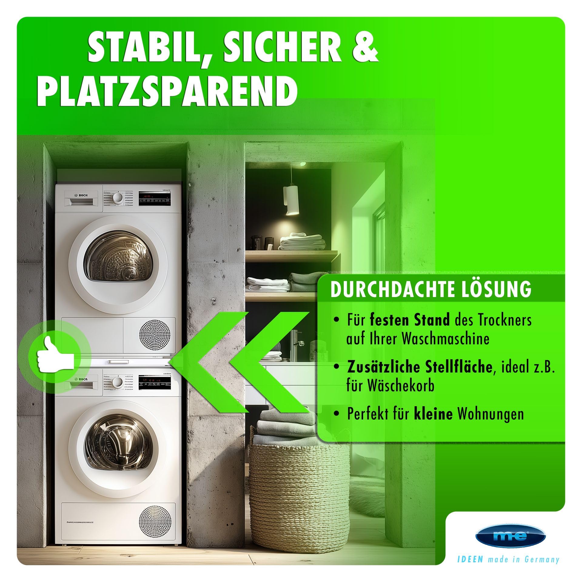 m-e ZR-56 Zwischenbaurahmen für Trockner & Waschmaschine – Verbindungsrahmen mit Ablage – stabil stapeln & fixieren – Waschmaschine-Trockner-Verbindung für 60 cm Geräte, 100% Metall