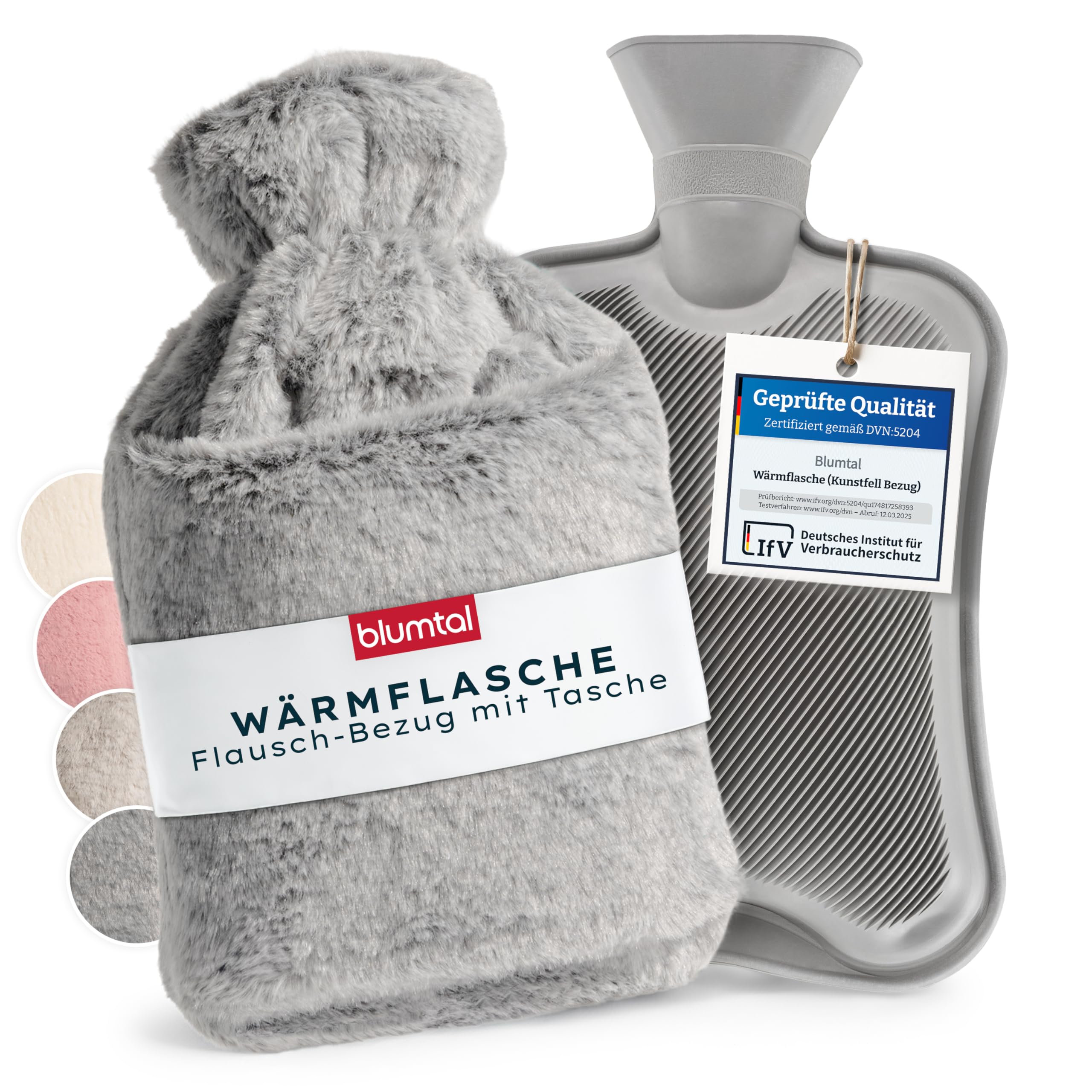 Blumtal Premium Wärmflasche mit Bezug & Tasche flauschig - Wärmeflasche aus verwendungssicherem Naturkautschuk mit Flauschbezug - auslaufsichere Bettflasche mit Innenfutter - Hot Water Bottle Grau