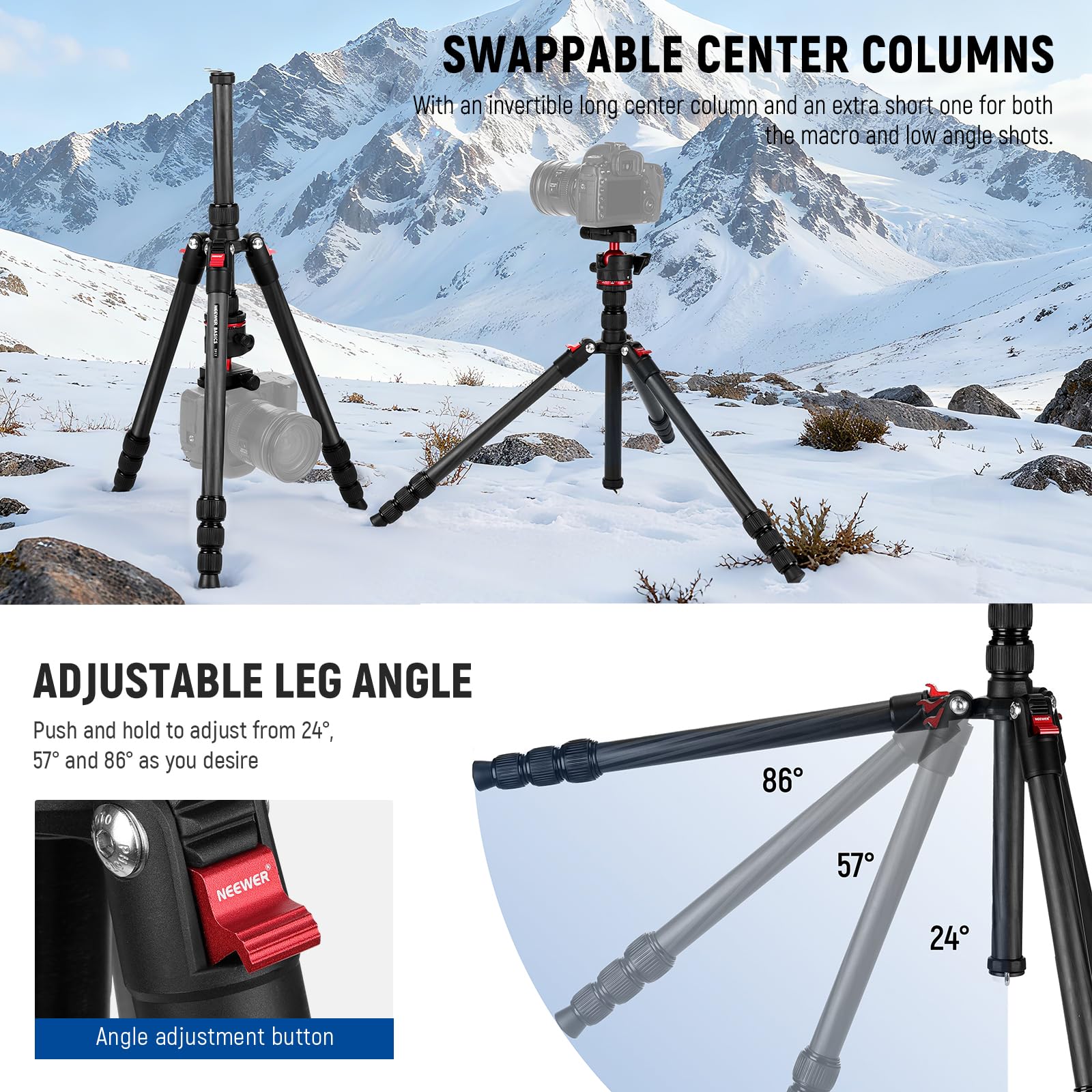 NEEWER BASICS Fibra Carbono Trípode Viaje Travel Tripod, 64"162cm Portátil Compacto Ligero Cámara Vídeo Soporte Rótula Arca & Soporte Móvil, Compatible con iPhone Grabación Vídeo, Carga Máx 6kg, TP17