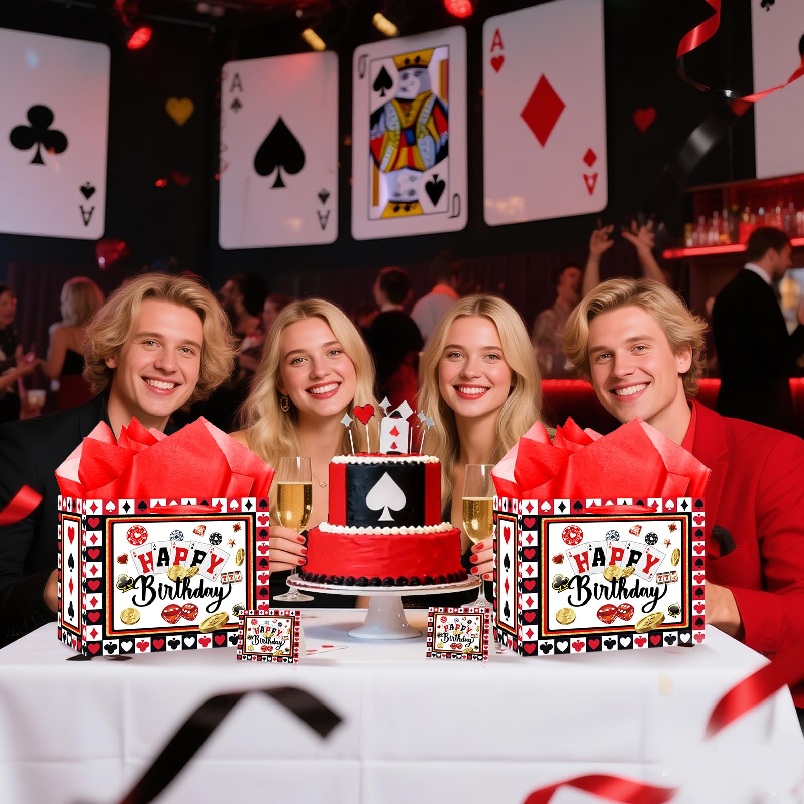 Woosytoo Casino Birthday Gift Bags with Card and Wrapping Paper Casino Party Favors Las Vegas Poker Themed Gift Bag for Men Women Christmas Casino Birthday Party Decorations Supplies
