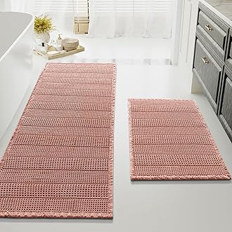 H.VERSAILTEX Waffle Bath Mat Super Absorbent Bathroom Mats Non Slip Bath Rugs for Bathroom Floor Machine Washable Ultra Soft Bathroom Rugs for Beside Tub, (32 x 20 Plus 24 x 60 - Inches, Soft Pink)