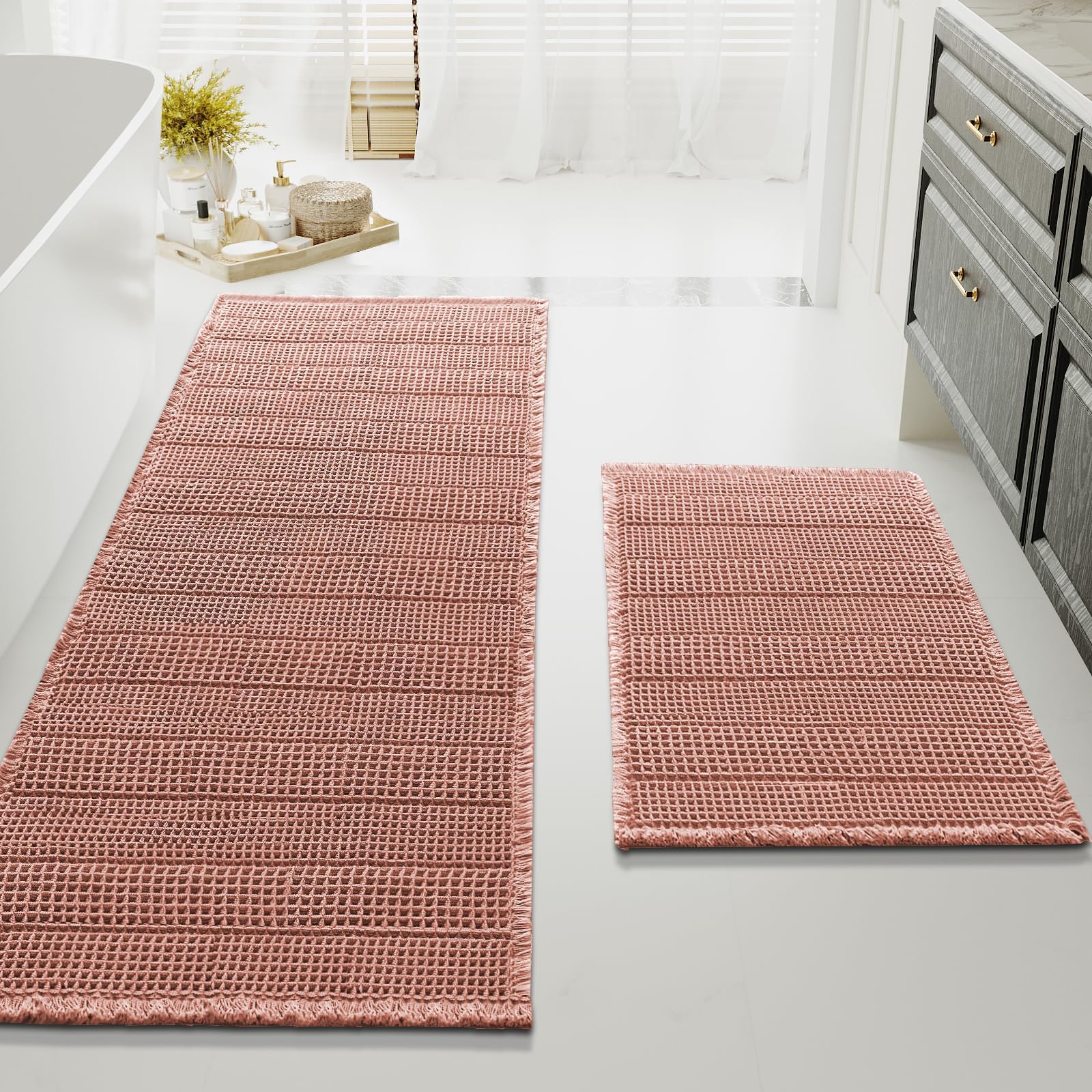 H.VERSAILTEX Waffle Bath Mat Super Absorbent Bathroom Mats Non Slip Bath Rugs for Bathroom Floor Machine Washable Ultra Soft Bathroom Rugs for Beside Tub, (32 x 20 Plus 24 x 60 - Inches, Soft Pink)