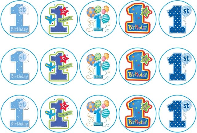 First Birthday Boy Blue Number 1 Cupcake Icing, Wafer or Wafer Card 15 x 2 inch Toppers (Icing)