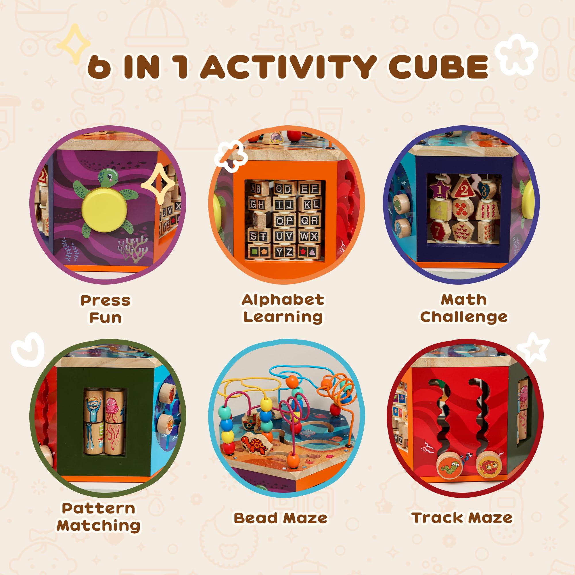 AIYAPLAY Wooden Activity Cube, Montessori Baby Toys with Bead Maze, Pattern Sorter, Early Educational Sensory Toys, Birthday Gift for Toddlers Boys and Girls 18+ Months