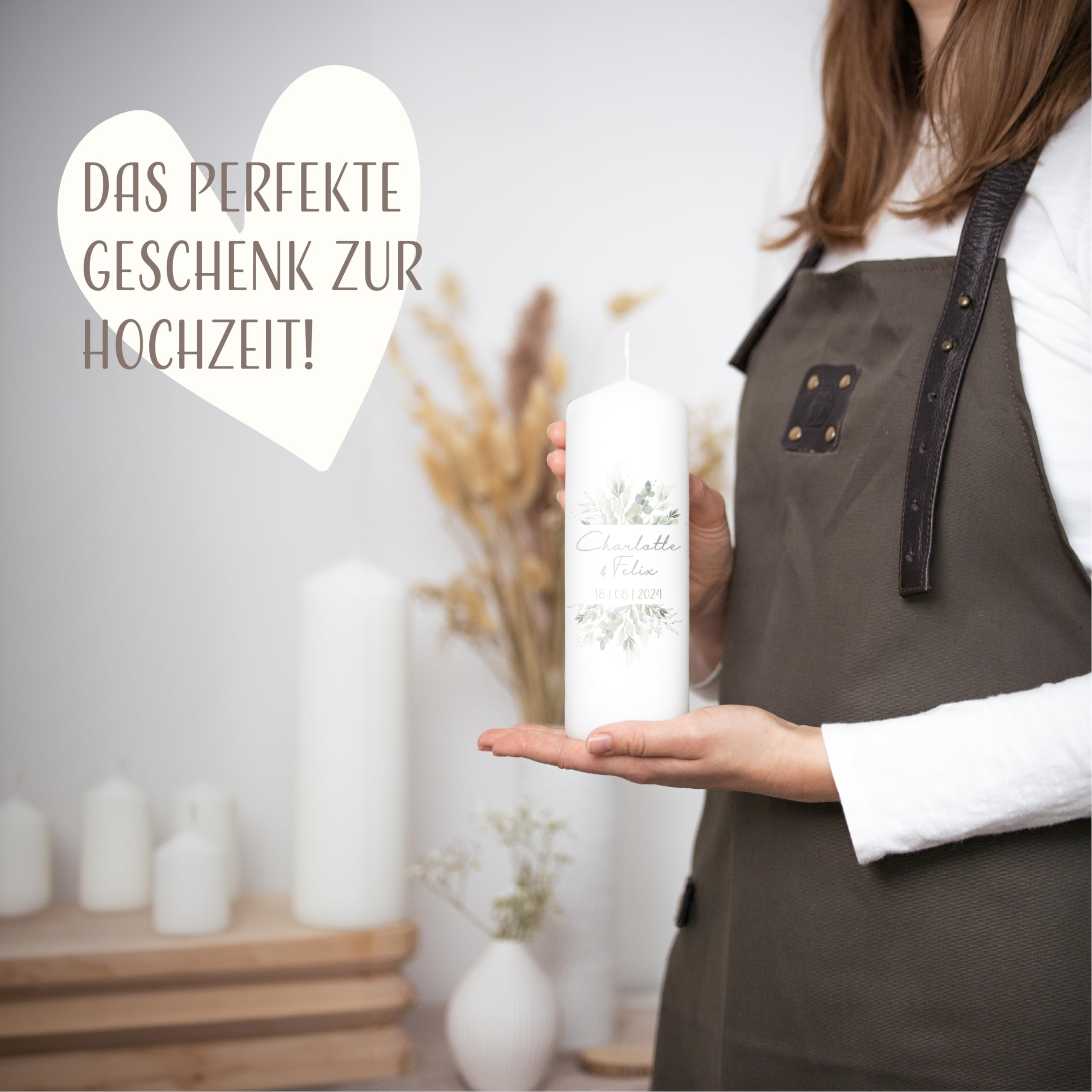 AMARI ® Hochzeitskerze personalisiert Pflanzwelt 20/7 cm- mit Namen & Datum – Elegante Traukerze für Hochzeit & Standesamt – Individuelles Geschenk zur Trauung