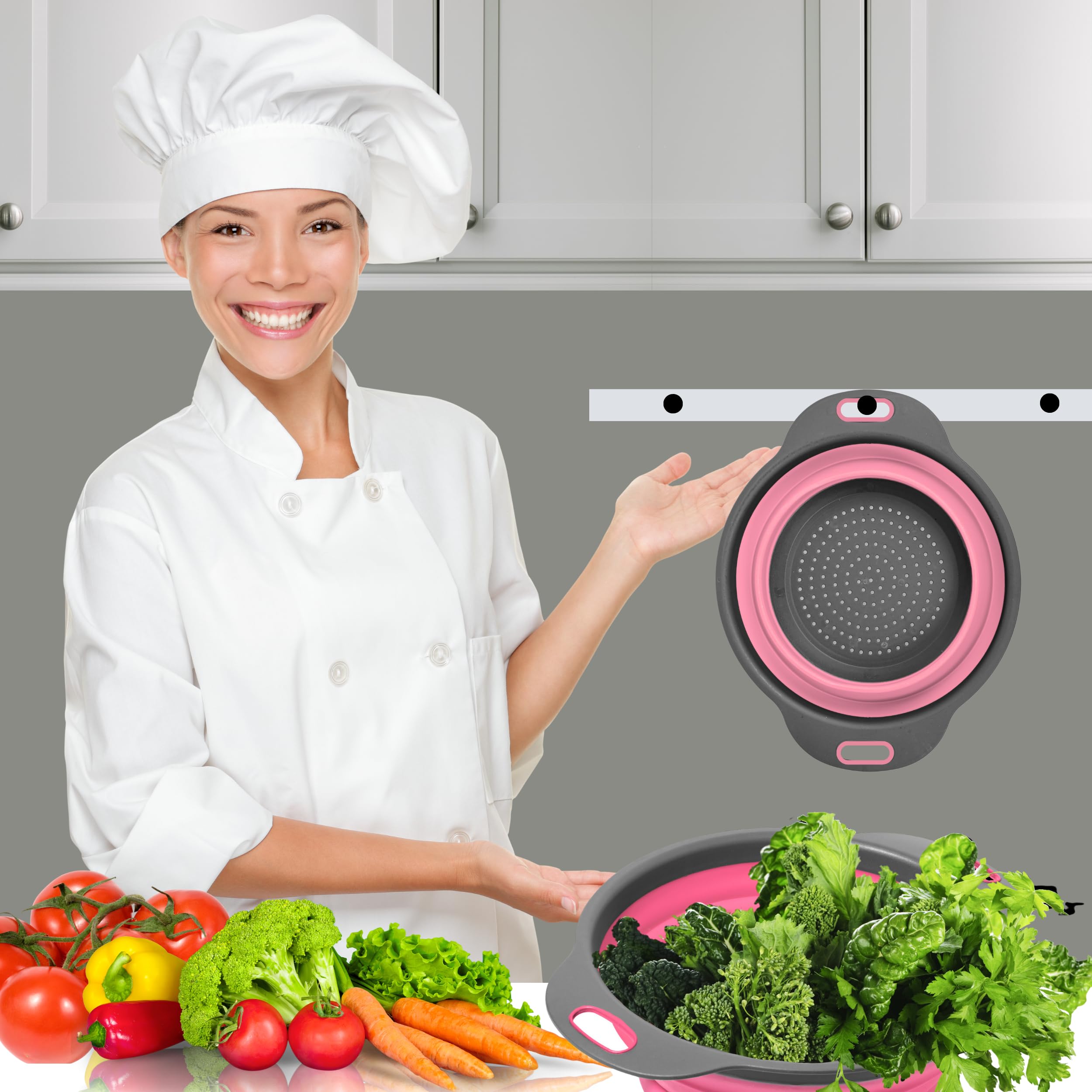 Colador redondo de silicona plegable – Colador de cocina plegable pequeño colador plegable rosa con asas de plástico para drenar verduras y frutas, colador de cocina redondo de silicona para pasta 9
