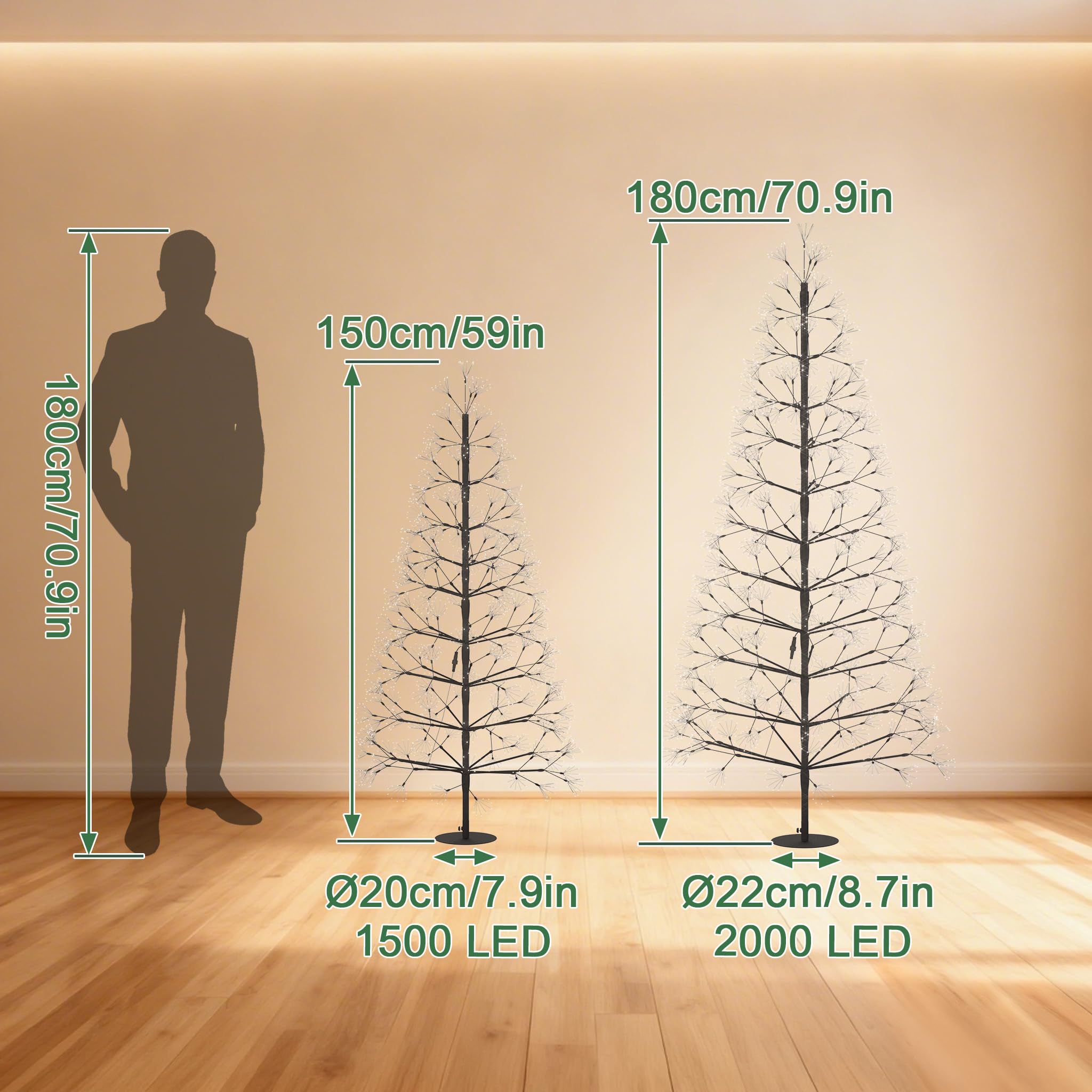 UISEBRT Árbol de Navidad LED con 2000 luces y decoración de nieve, IP44 Impermeable, árbol de Navidad artificial para Navidad, boda, cumpleaños, fiesta, primavera, interior, exterior, 180 cm, blanco