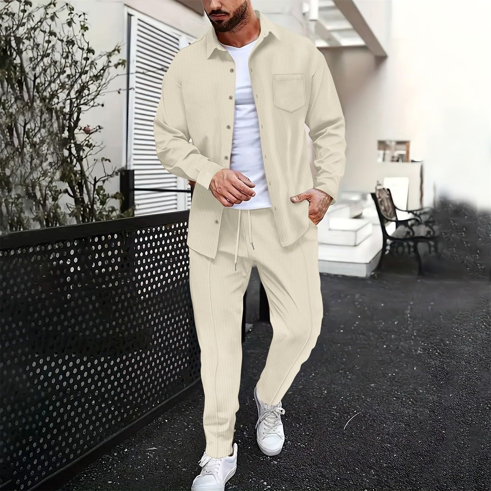 Generisch Set di tuta da uomo per il tempo libero, tinta unita, comodo, tuta da jogging, 2 pezzi, tuta da uomo, abbottonatura, alla moda, a maniche lunghe, con motivo a nido d'ape
