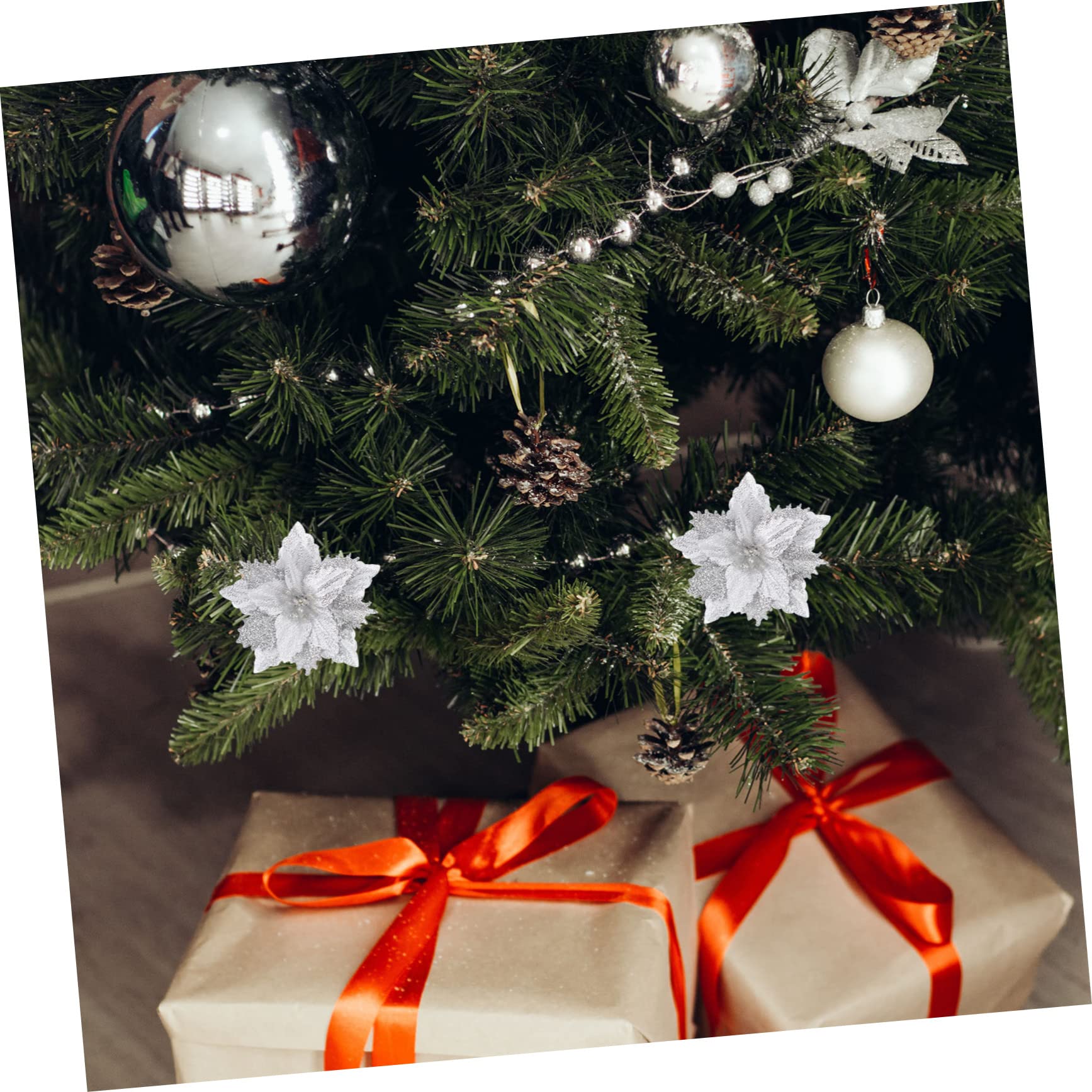 64 pcs Fleur de Noël Artificielle Fleur de Noël Fête Fleur Prop Poinsettia Fleurs Artificielles Noël Paillettes Fleurs Vacances Paillettes Poudre Fleurs Artificielles Arbre de Noël