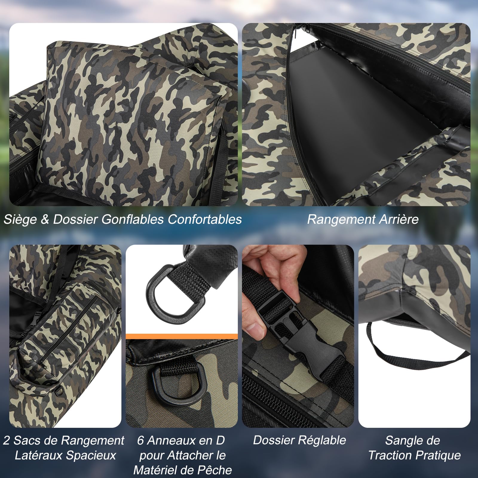GOPLUS Barco de Pesca Inflable, Barca Hinchable con Respaldo y Correas Ajustables, Bomba Manual, Remo, Aletas, Soporte para Caña de Pescar, Regla de Peces, Almacenamiento, Carga 150 KG, Camuflaje