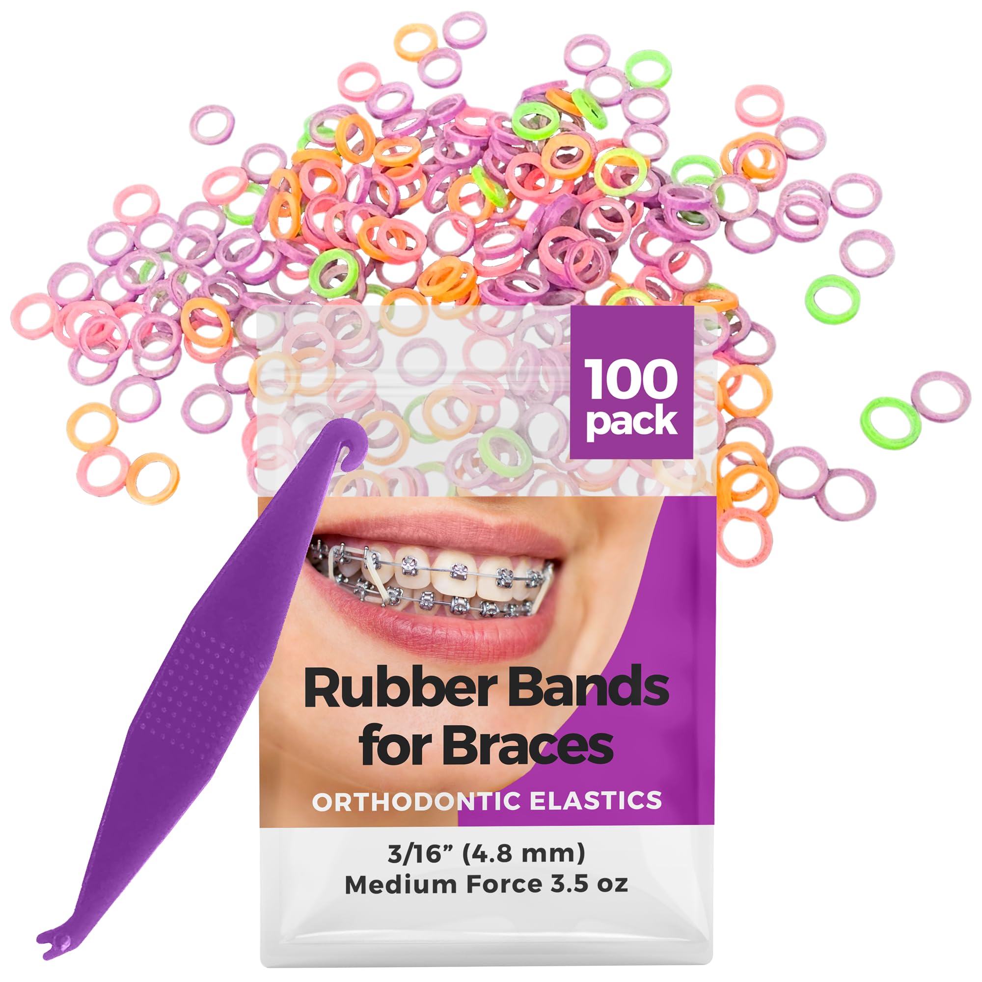 Prairie Horse Supply 3/16 Inch Orthodontic Elastic Rubber Bands, 100 Pack, Neon, Medium 3.5 Ounce Small Rubberbands Dreadlocks Hair Braids Fix Tooth Gap, Free Elastic Placer for Braces