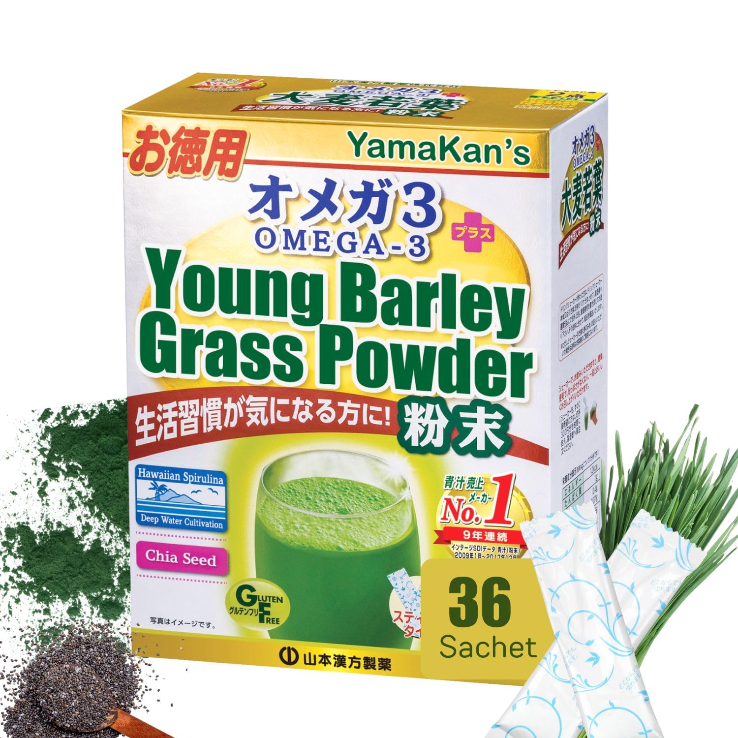 YAMAKAN Natural Young Barley Grass Powder, Barley Grass with Omega-3 from Chia Seeds, Multi Vitamins & Spirulina Blend from Japan, Grass Juice for Women & Men, 36 Portable Sachets