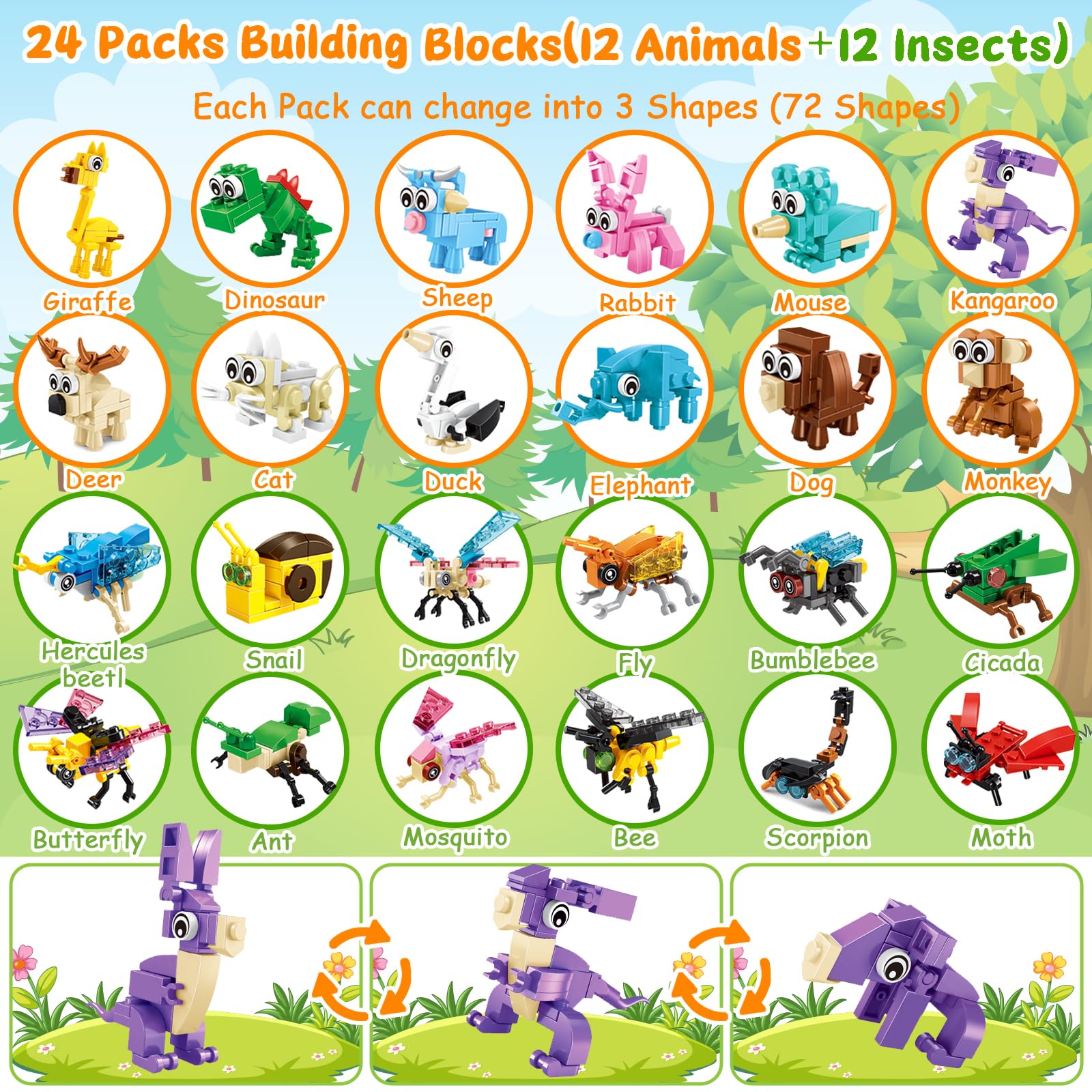 Ciesa Party Favors for Kids, 24 Packs Insect Animal Building Blocks Sets for Goodie Bag Fillers Prizes for Kids Classroom, Birthday Party Favors Gifts for Ages 4-8 3-5 8-12
