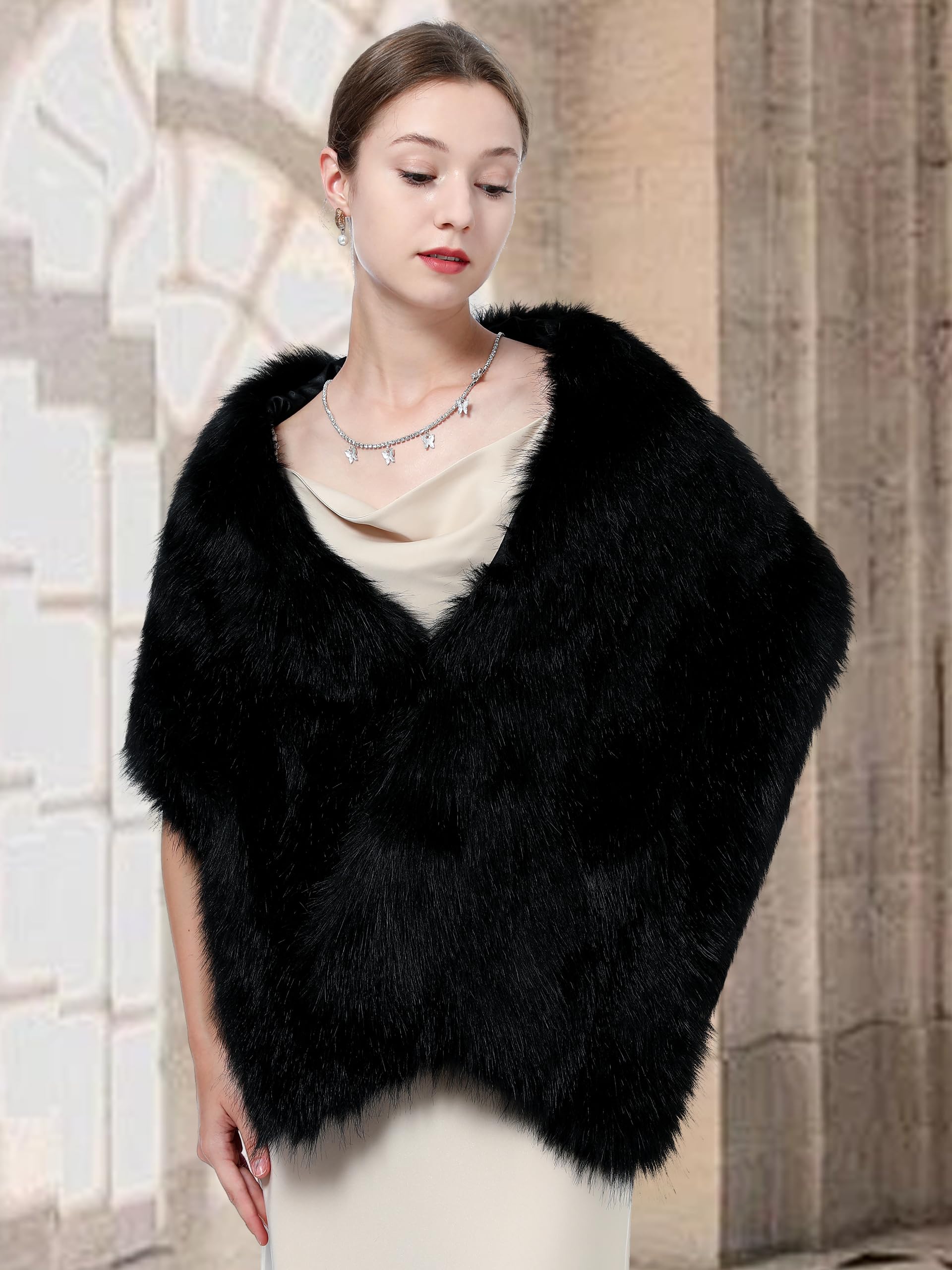 LA CARRIE Châle long en fausse fourrure pour femme - Cape de mariée - Étole d'hiver douce, noir, taille unique
