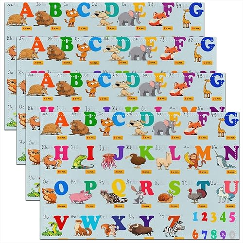 Juego de 4 manteles individuales educativos para niños, de 12 x 18 pulgadas, con números del alfabeto ABC, manteles individuales para decoración de