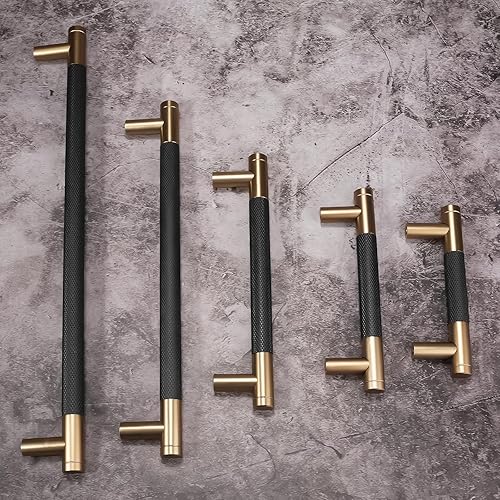 Miniatura 5 de BUKOBYHE Paquete de 10 manijas de gabinete de cocina negro y bronce champán de 7 pulgadas, tiradores de gabinete moleteados, tiradores de cajón