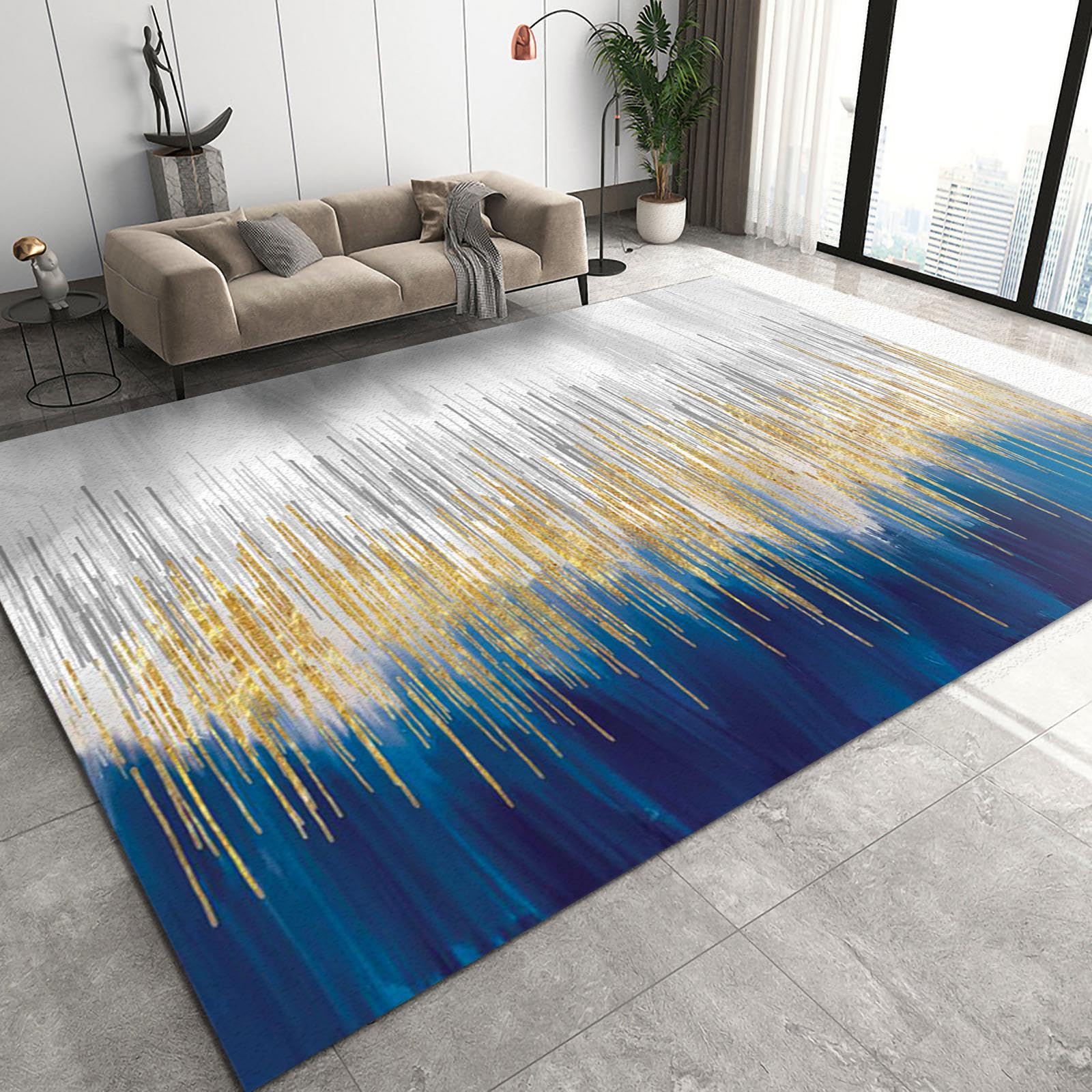 LOOHON Blue White Watercolor Gradient Living Room Rug, Gold Gray Stripes Design Noise Reducing Carpet, Floor Rugs Washable Breathable Soft for Boy
