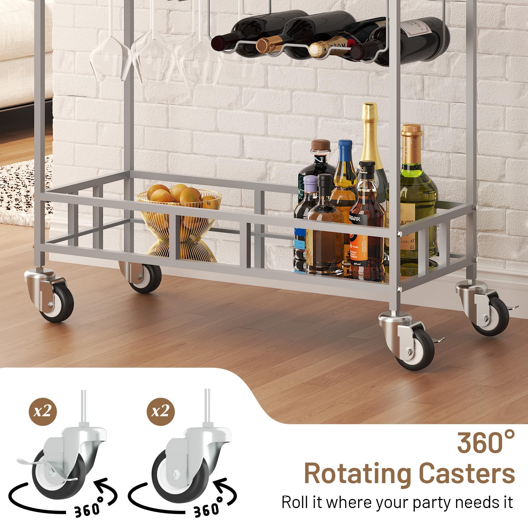 Garvee Carro de Bar rodante de 2 Niveles con estantes espejados – Porta Copas y Botellas – Compacto y portátil para Comedor, Cocina o Sala – Plata+Espejo, 4 Botellas, 3 Filas Copas, 34x15x35