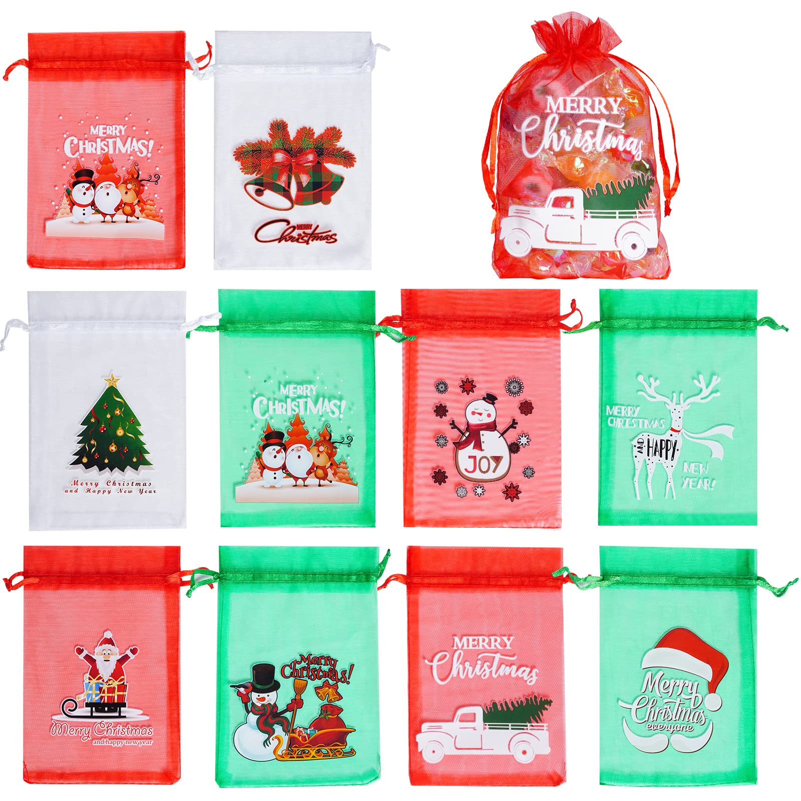 choyaxo 100PCS Christmas Organza Bags Santa Tree Print Satin Drawstring Candy Jewelry for Christmas Drawstring Gift Bags 4 x 6 Inches/10 * 15cm, 10