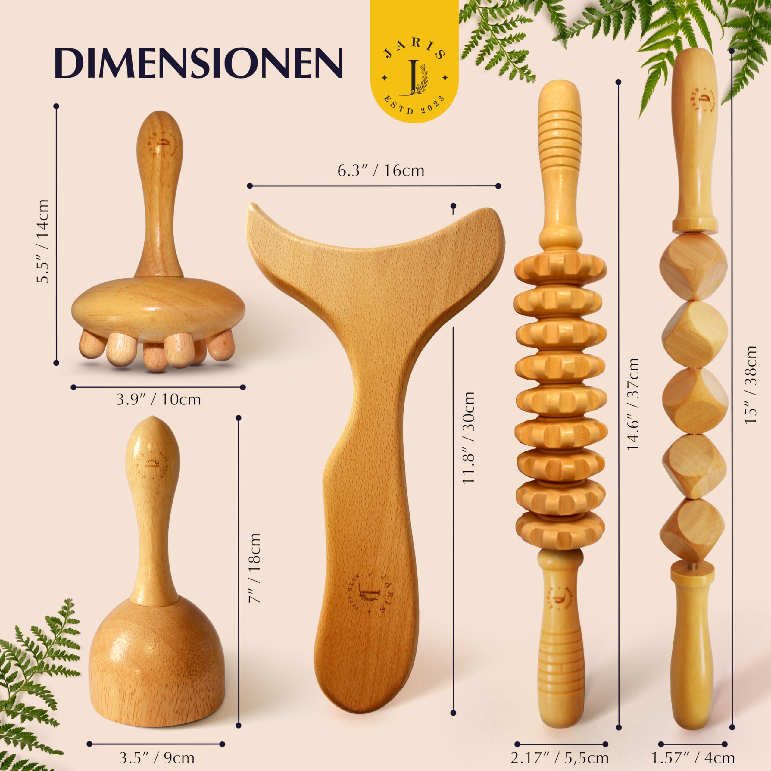 JARIS – Maderotherapie Set 5-teilig – Holz Massagegeräte gegen Cellulite – Wood Therapy Massage Tools für Bauch Beine Po – Professionelles Maderotherapie Kit mit Anleitung QR Ecofriendly