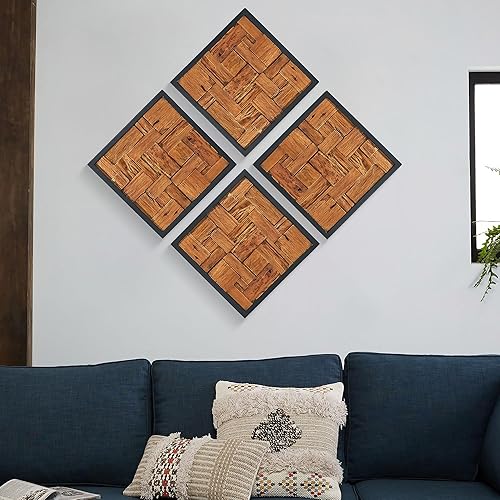 Miniatura 9 de Warmaxx Arte de pared cuadrado de madera de teca rústica de 17 x 17 pulgadas, collage de listones de granja, decoración de pared para el hogar, sala