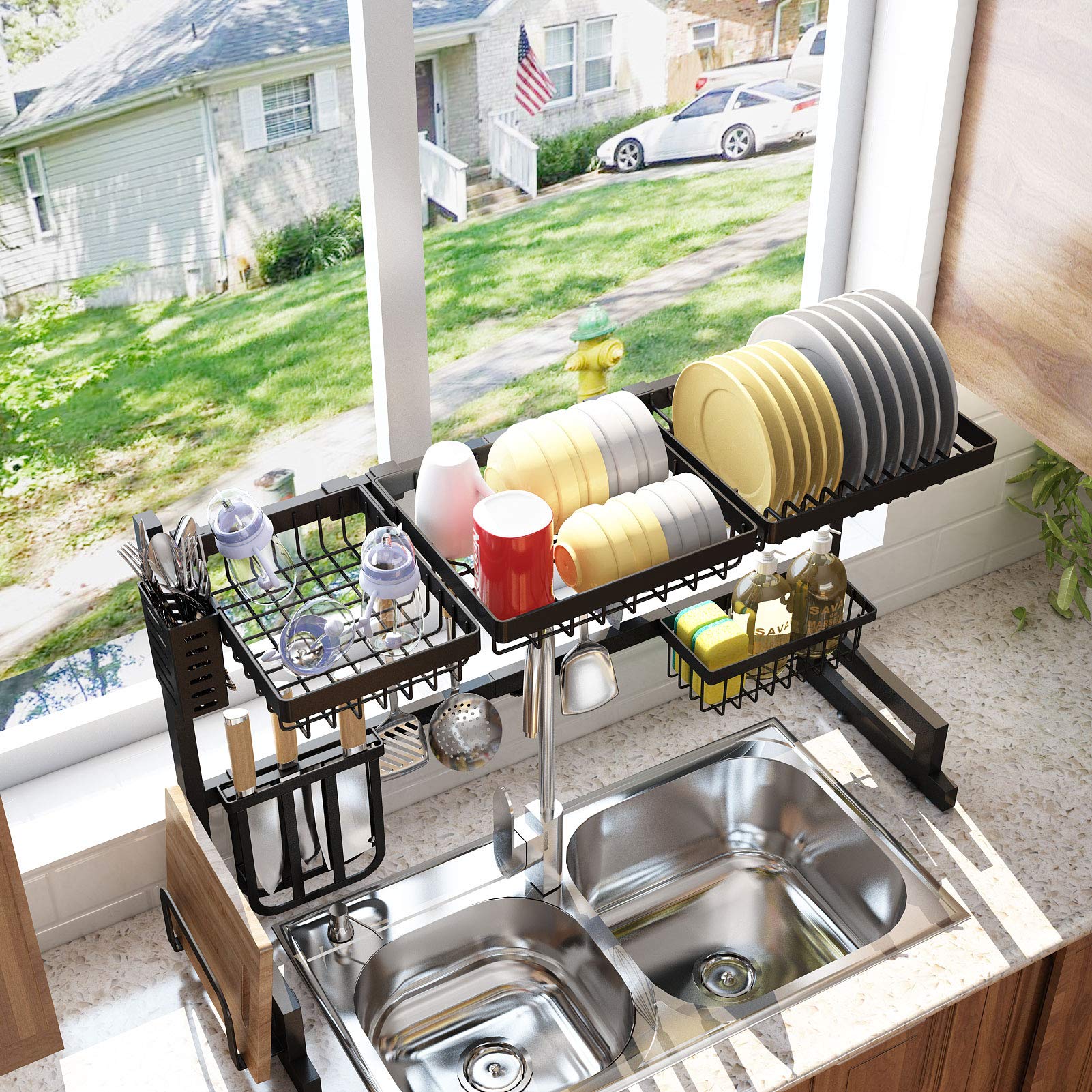 Over the Sink Dish Drying Rack, SAYZH 2 Tier Width Adjustable (33.8"41