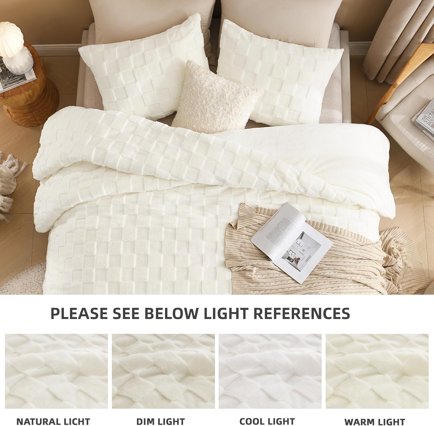 Litanika Fluffy Queen Size Comforter Set Cream White, 3 Pieces Warm Sherpa Fleece Beige Bedding Set,Ivory Jacquard Checkered Plush Fuzzy Bed Set(1 Comforter, 2 Pillowcases) - Image 6