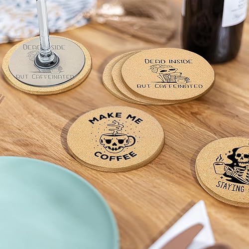 Miniatura 5 de Juego de 6 posavasos de café para bebidas con soporte, posavasos de madera de corcho absorbente para escritorio, mesa de oficina, decoración de
