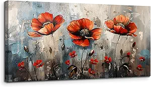 SERIMINO Large Wall Art for Living Room, Nature Floral Botanical Canvas Prints, Red Flowers Pictures Wall Decor, Wildflower Modern Home Decor Bathroom Dining Room Kitchen Paintings 20"X40"