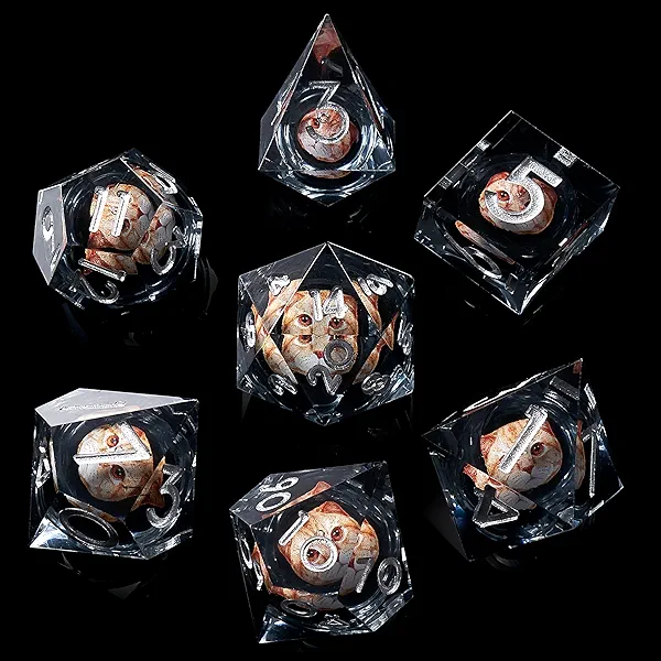 Role dice DND Dice Set, 7pcs Cute Cat Liquid Core Dice with Gift Box, Handmade Sharp Edge Resin Dice for Role Playing Dungeons and Dragons Ttrpg(Cat-Dark)