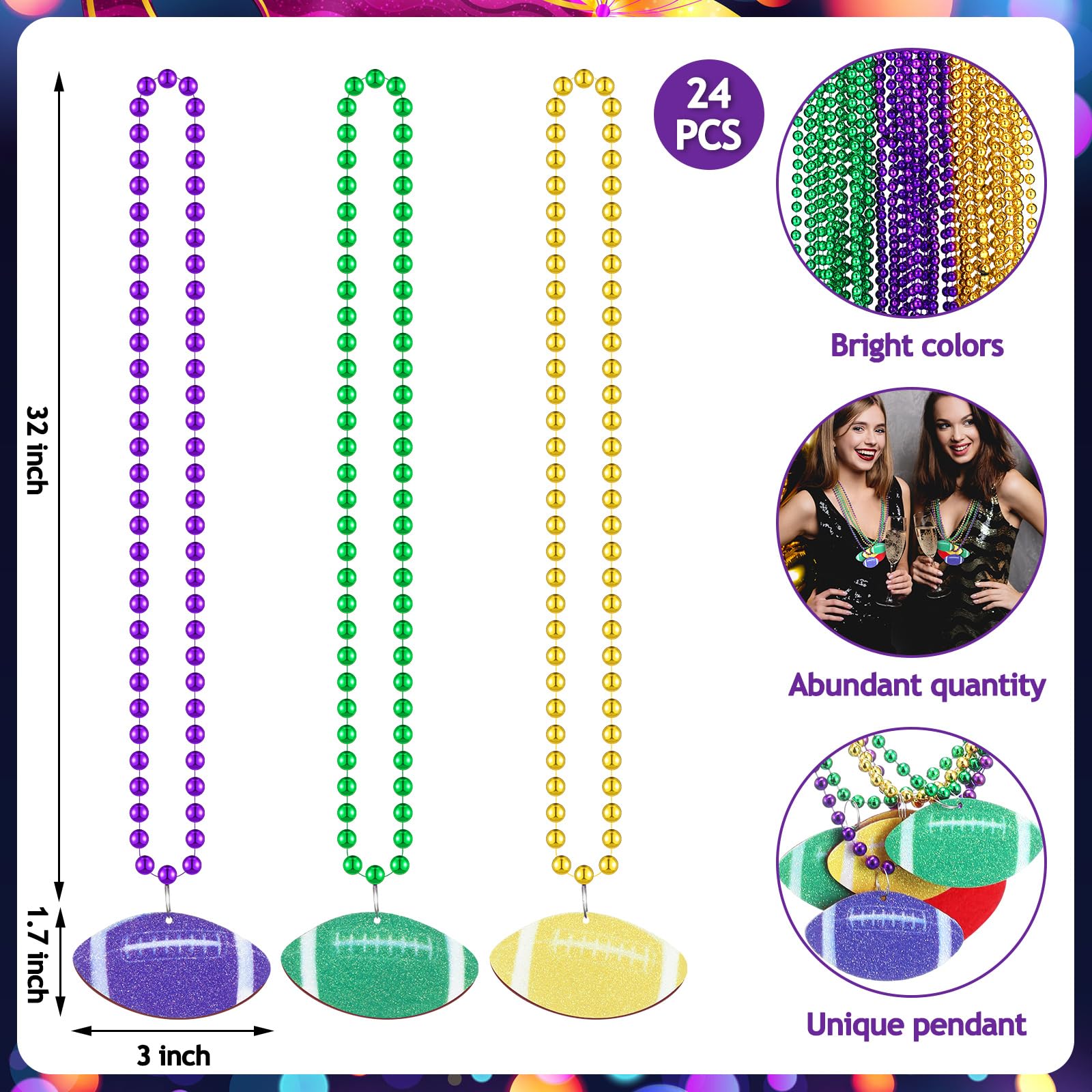 XunYee 24 Pcs Mardi Gras Decoration Mardi Gras Beads Necklace Glitter Throws Bulk Football Necklaces Yellow Green and Purple Beads Necklaces for Football Decorations Party Favors