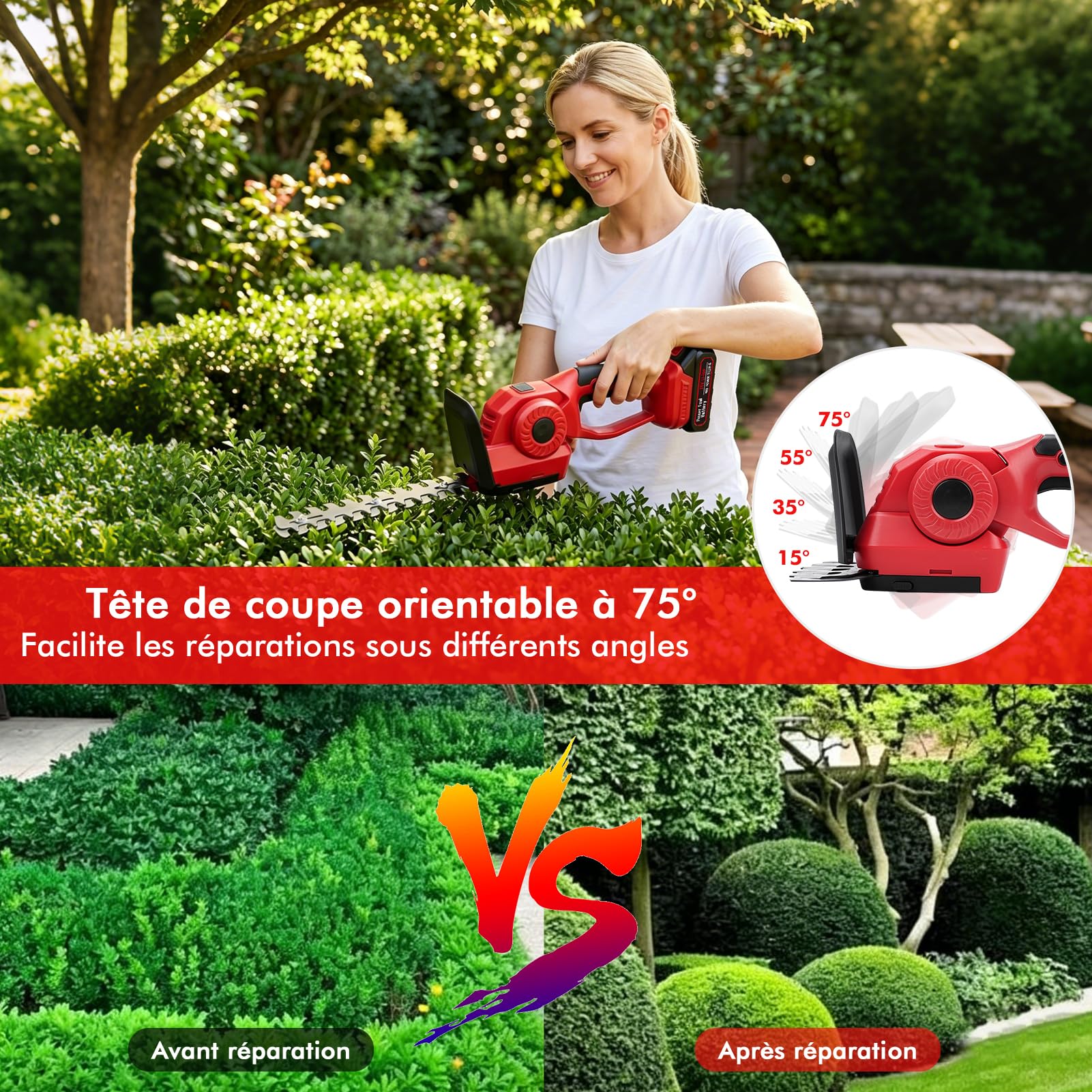 Taille Haie Et Cisaille A Gazon sur Batterie, 2 en 1 Mini Taille Haie sans Fil Et Taille-Herbes avec 2 Lames 220mm(Arbustes) /135mm(Herbe), Sculpte-Haies Et Taille-Herbes avec 2* Batterie 1500mah 21