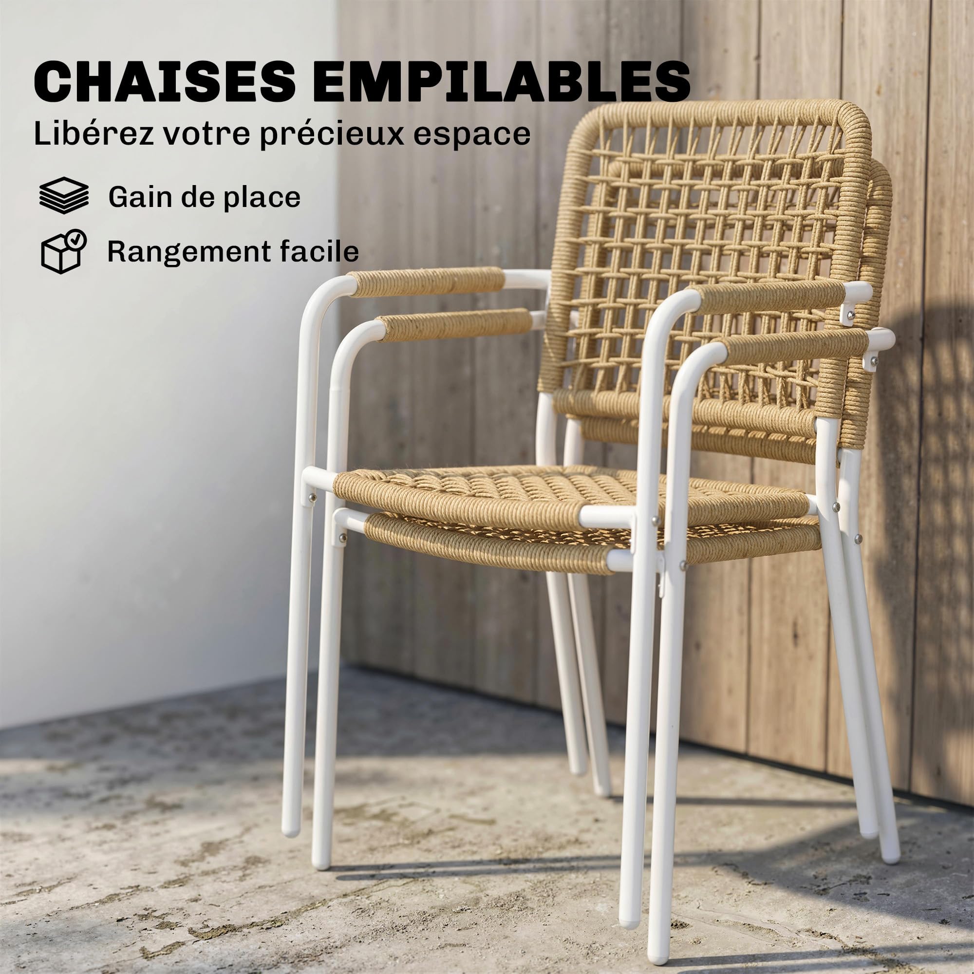 Outsunny Lot de 2 Chaises de Jardin en Résine Tressée Empilables Jaune | Chaise de Salle à Manger, avec Accoudoirs et Dossier, Fauteuil de Jardin Exterieur, pour Balcon Terrasse Patio