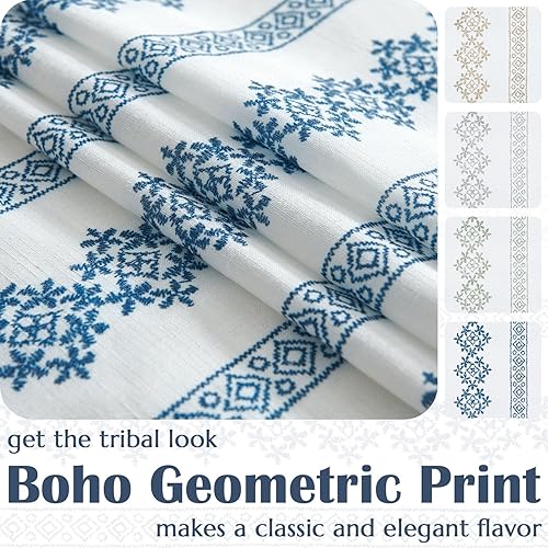 Miniatura 3 de jinchan Cortinas bohemias de lino de 63 pulgadas de largo para sala de estar, estampado azul sobre blanco, bolsillo para cortinero, pestaña trasera,