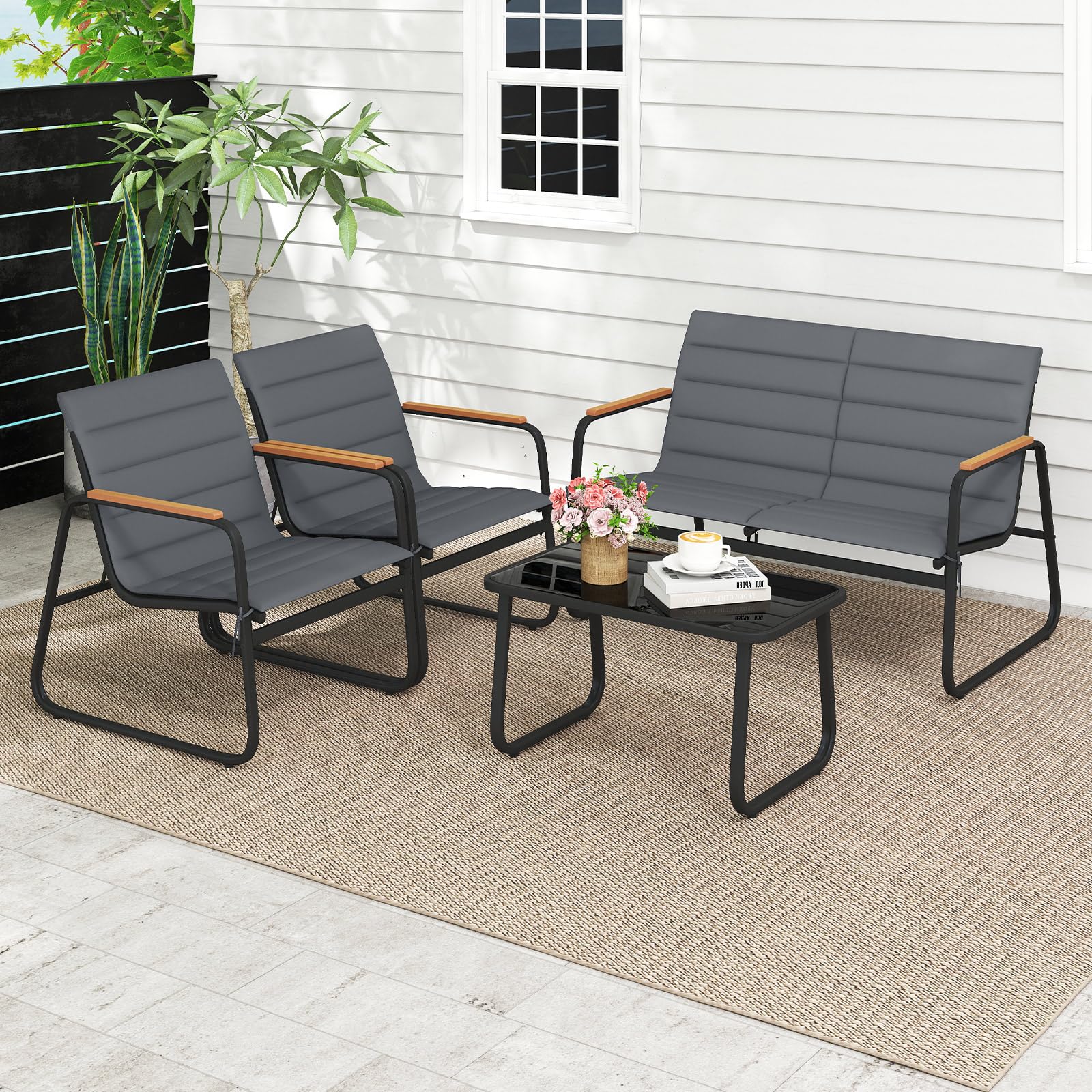 RELAX4LIFE Tavolo da Giardino con Sedie, 3 Poltrone con Braccioli in Legno Plastico e Cuscini Rimovibili/Lavabili, Struttura in Metallo, Tavolino in Vetro Temperato, Set Bistrò per Esterno (Modello 2)