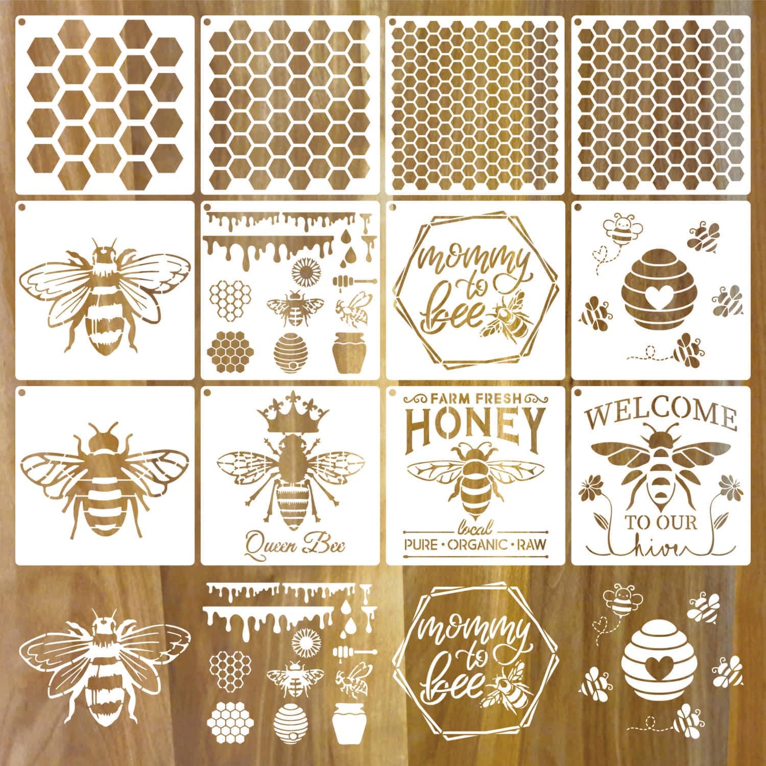 Bee Stencils for Painting, 12 Pack Reusable Honeycomb Templates for Wood