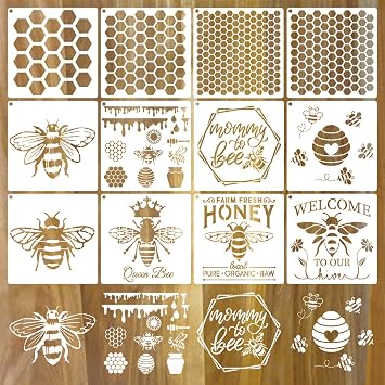 12 Pieces Bee Stencils for Painting on Wood, Honeycomb Hexagon Theme Reusable Stencils, Honey Drawing Template for DIY Scrapbooking Furniture Canvas Wall Floor Decor 5.9 x 5.9 Inch