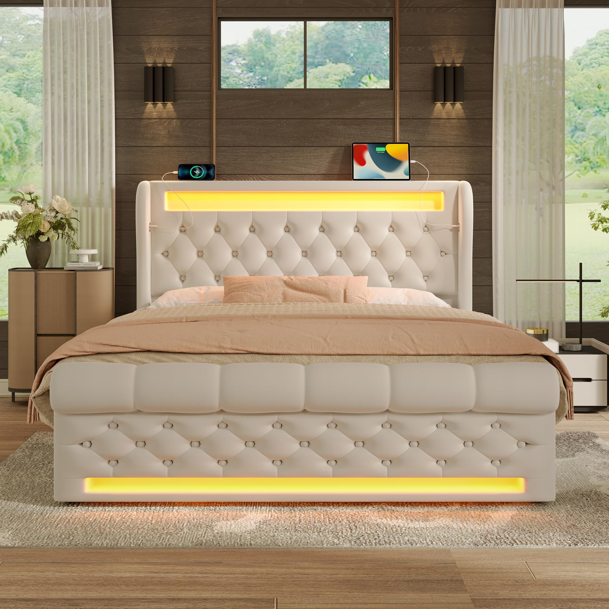 Letto Matrimoniale 160x200 con Sommier a doghe stabili e Struttura Letto divano trapuntato schienale sagomato contenitore a pistoni per la stanza della casa beige