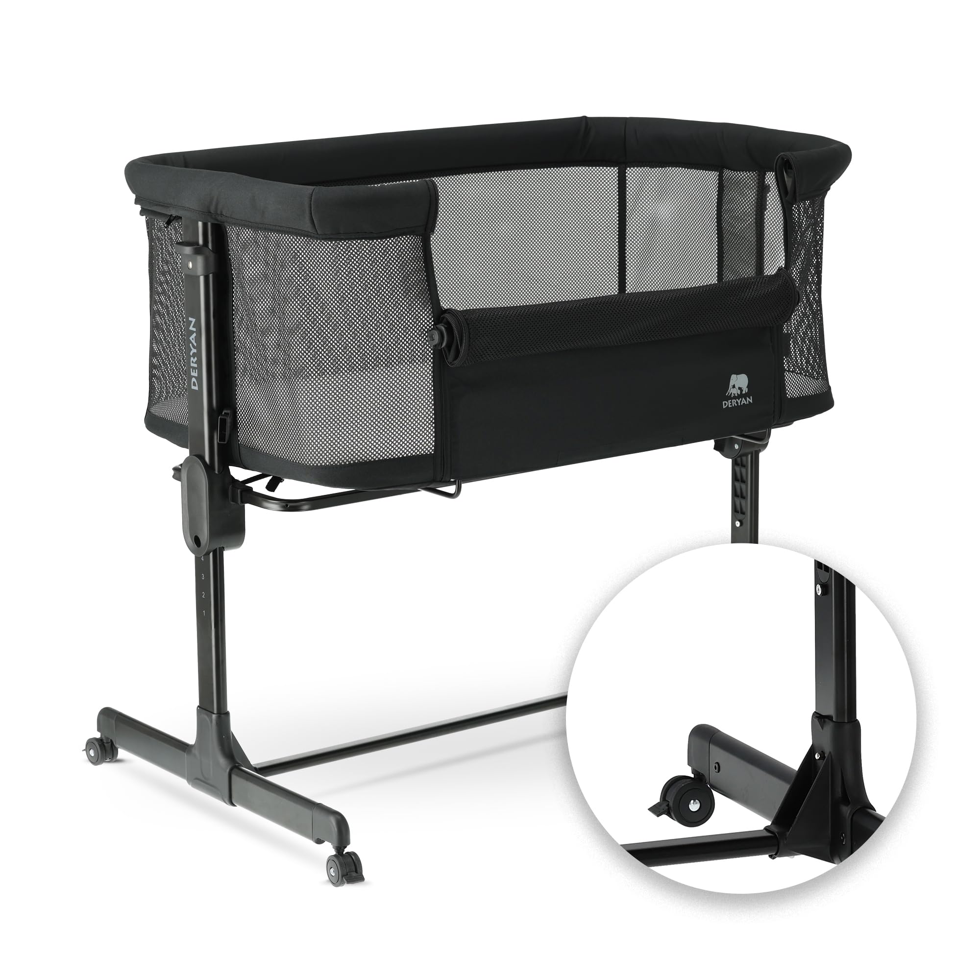 Deryan Snoozy Co-Sleeper 3 en 1 Lit bébé jusqu'à 9 kg Cododo Berceau Réglage Hauteur Inclinaison Matelas 4 roulettes Freins Matelas Ergonomique Sac (Noir)