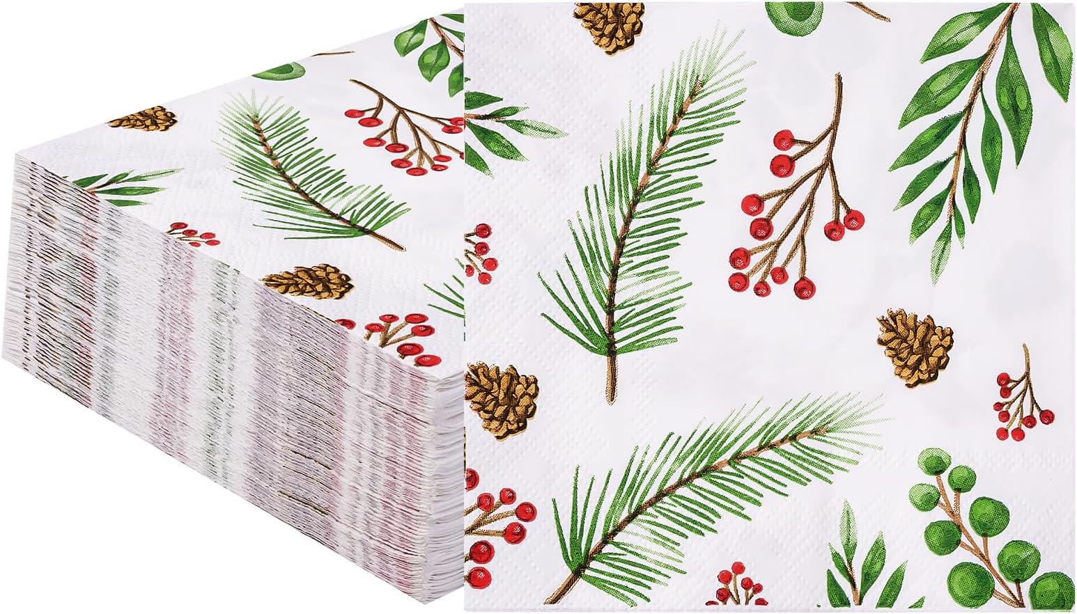 Hunanyume 100 Christmas Cocktail Napkins Holiday Disposable Napkins, 3 Ply Holly Mistletoe Berries Greenery Beverage Guest Hand Towels for Xmas Holiday Party Home Dinner Kitchen Bathroom Powder Room